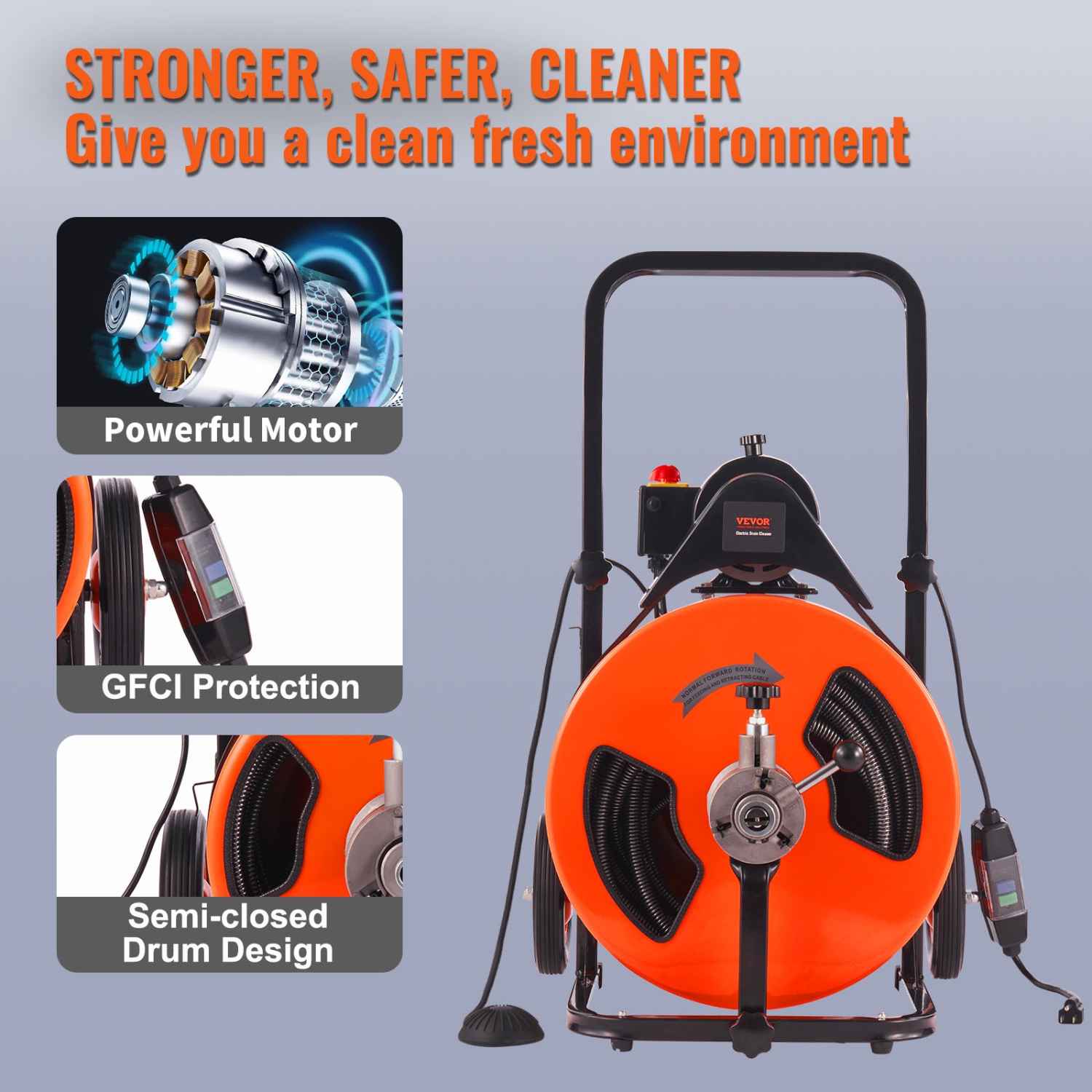 VEVOR Drain Cleaning Machine 100FT x 3/4 Inch, Sewer Snake Machine Auto Feed, Drain Auger Cleaner with 4 Cutter & Air-Activated Foot Switch for 1" to