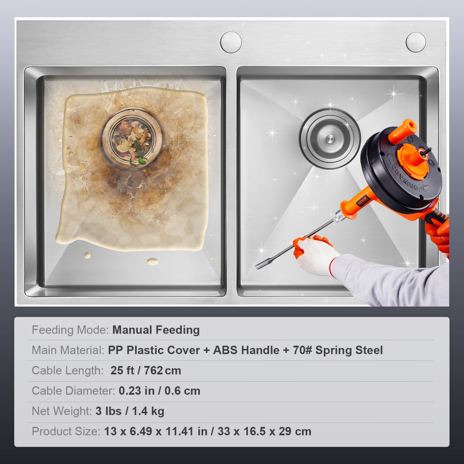 VEVOR Drain Auger 25Ft, Plumbing Snake with Drill Attachment, Plumbers Snake Drain Clog Remover for Kitchen Bathroom Shower Sink with Protective Hose