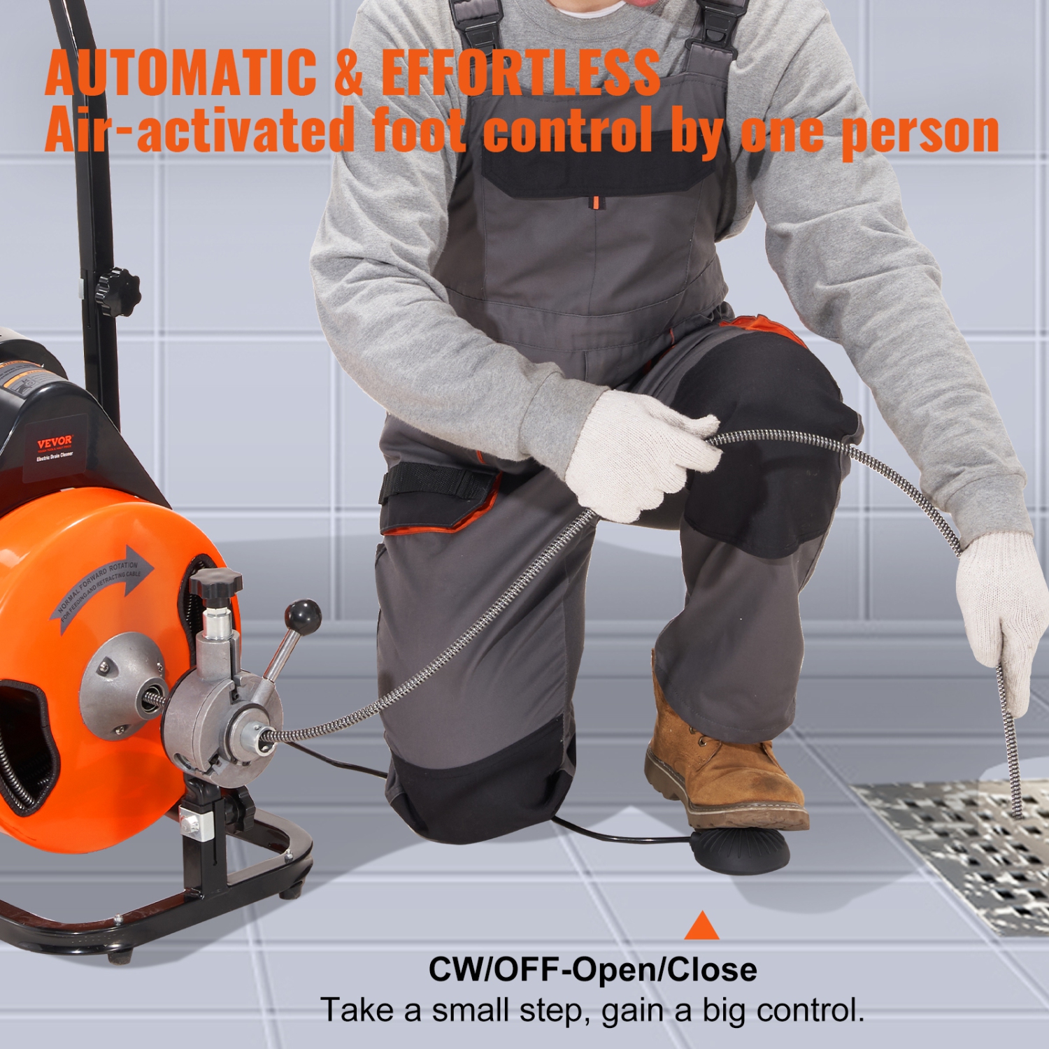 VEVOR Drain Cleaning Machine 75FT x 3/8 Inch, Sewer Snake Machine Auto Feed, Drain Auger Cleaner with 4 Cutter & Air-Activated Foot Switch for 1" to