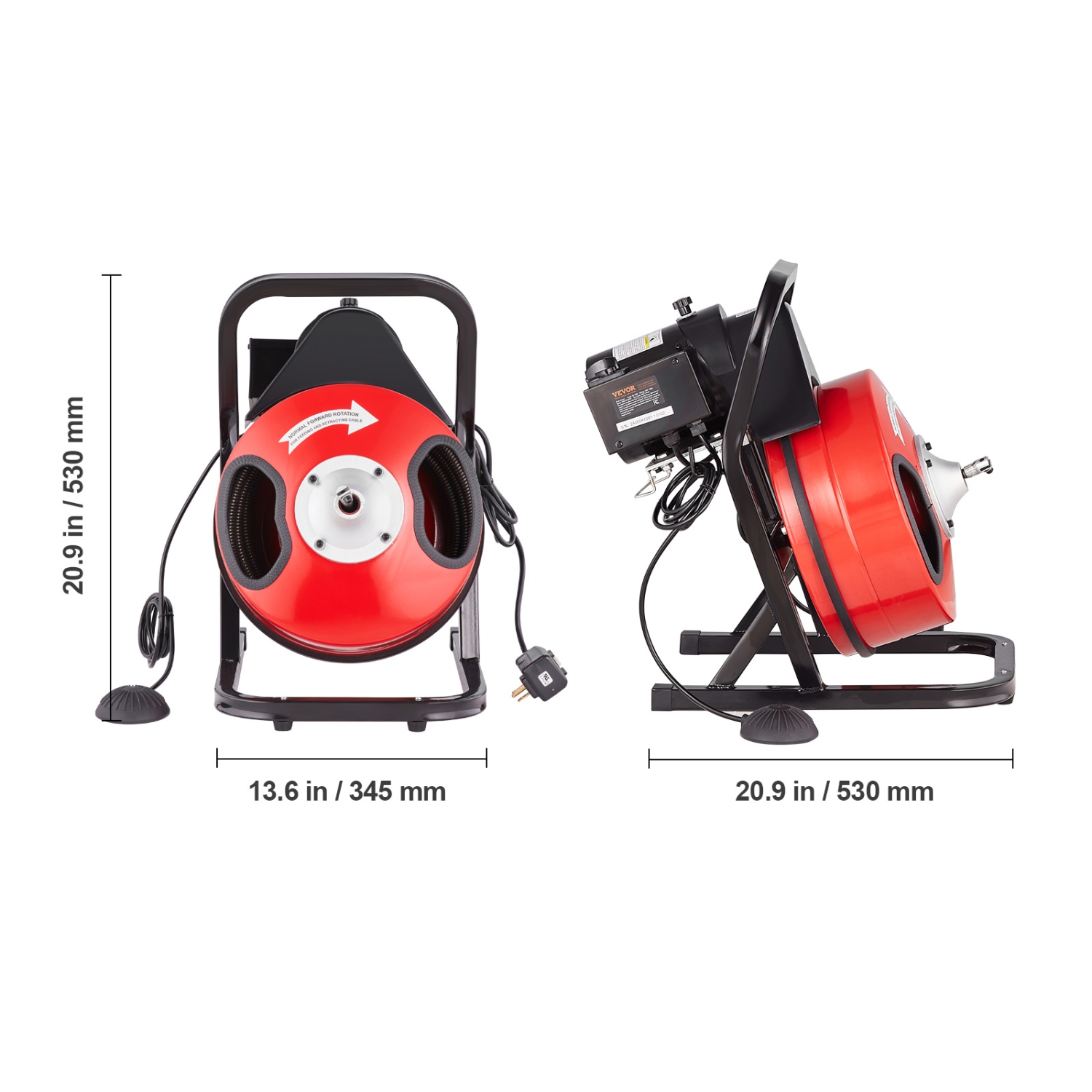 Machine de nettoyage de vidange VEVOR, 50 pi x 1/2 po, tarière à bec-de-serpent à alimentation manuelle, avec 4 coupe-herbe et interrupteur à pied