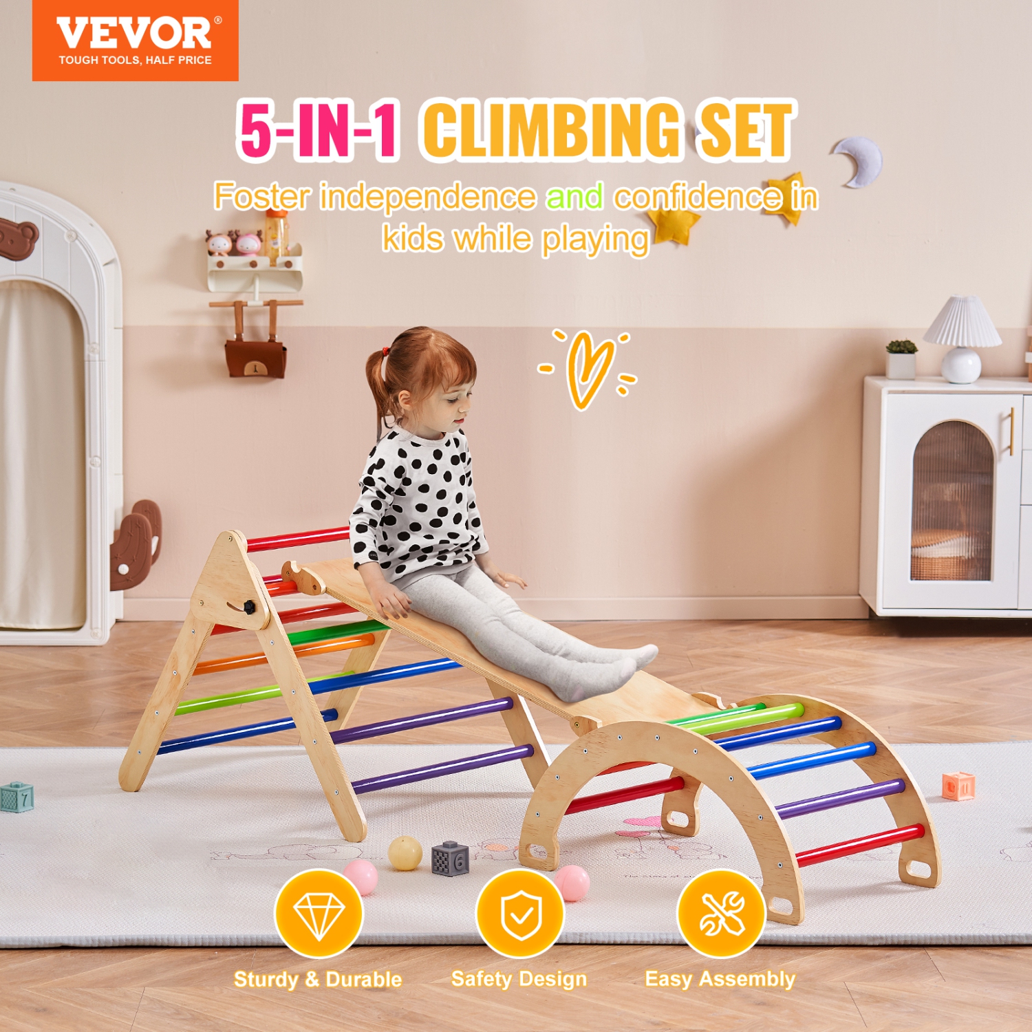 VEVOR Pikler Triangle Set, 5 in 1 Toddler Climbing Toys Indoor Playground, Large Size Wooden Climbing Gym for Toddlers 1-3 Years, Montessori Climbing