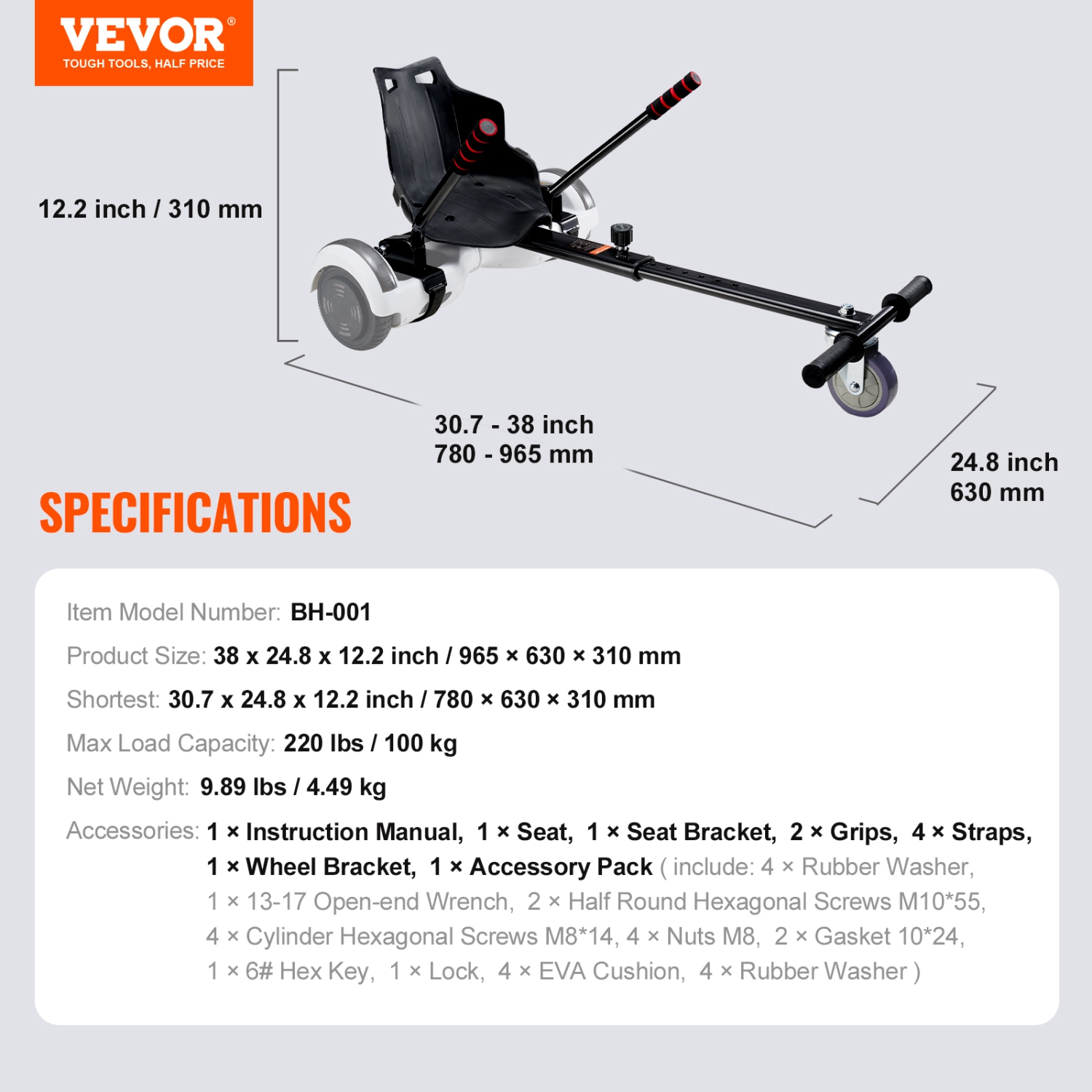 VEVOR Hoverboard Seat Attachment, Compatible with All 6.5" 8" 8.5" 10" Hoverboards, Grips Control, Adjustable Frame Length and 220 LBS Load Capacity