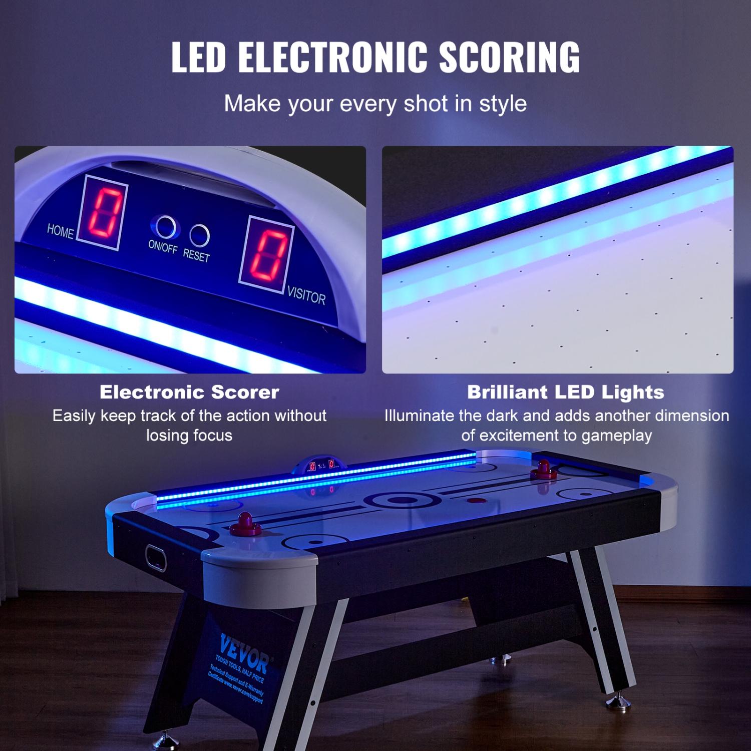 VEVOR 72" Air-Powered Hockey Table, Indoor Hockey Table for Kids and Adults, LED Sports Hockey Game with 2 Pucks, 2 Pushers, and Electronic Score