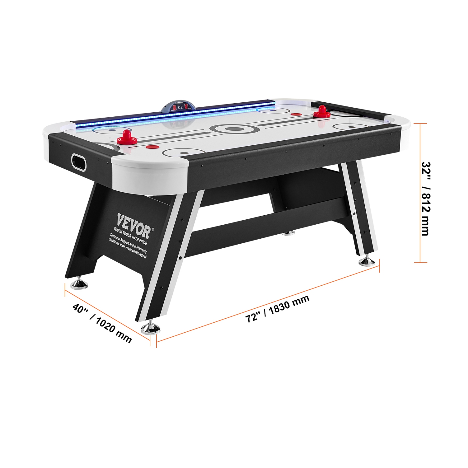 VEVOR 72" Air-Powered Hockey Table, Indoor Hockey Table for Kids and Adults, LED Sports Hockey Game with 2 Pucks, 2 Pushers, and Electronic Score