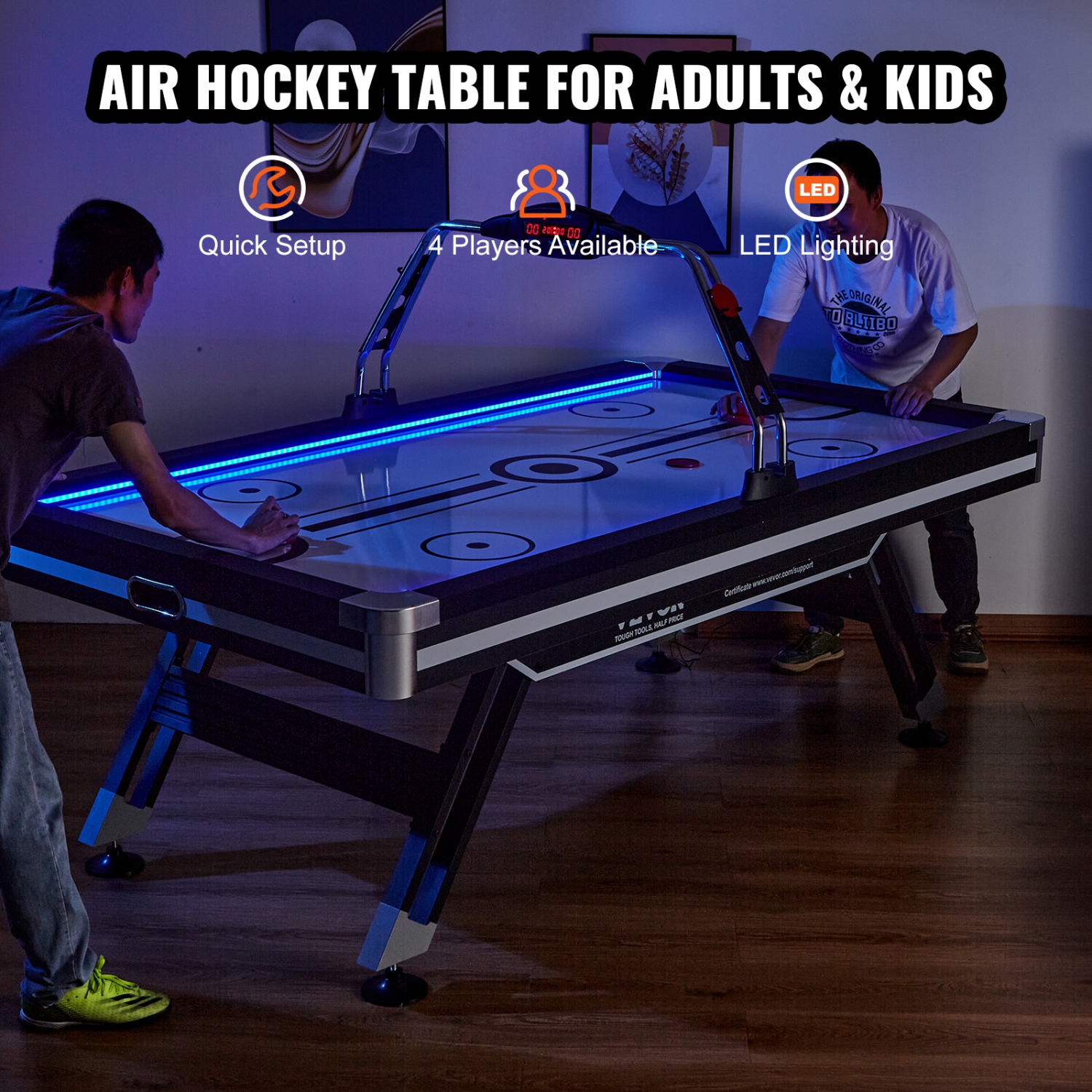VEVOR 89" Air-Powered Hockey Table, Indoor Hockey Table for Kids and Adults, LED Sports Hockey Game with 2 Pucks, 2 Pushers, and Electronic Score