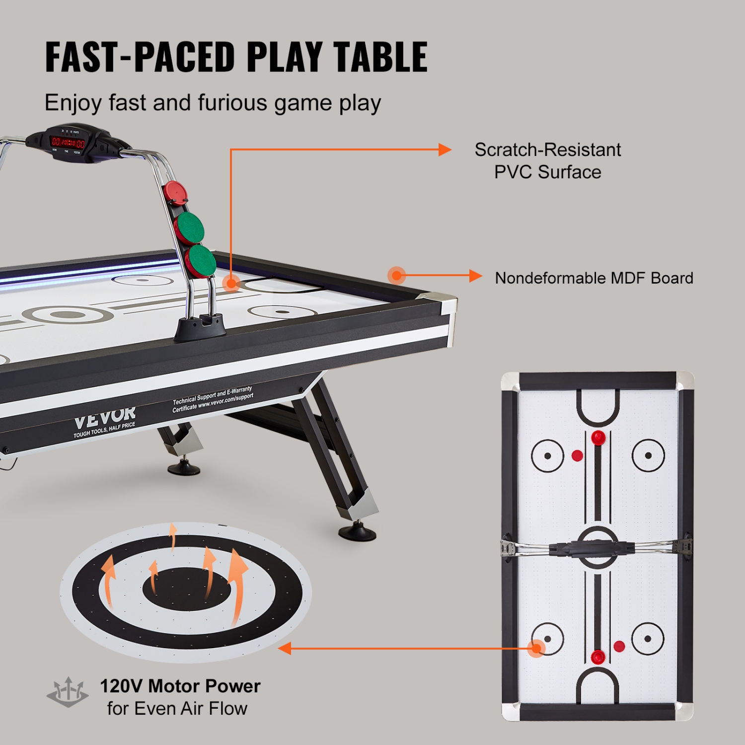 VEVOR 89" Air-Powered Hockey Table, Indoor Hockey Table for Kids and Adults, LED Sports Hockey Game with 2 Pucks, 2 Pushers, and Electronic Score