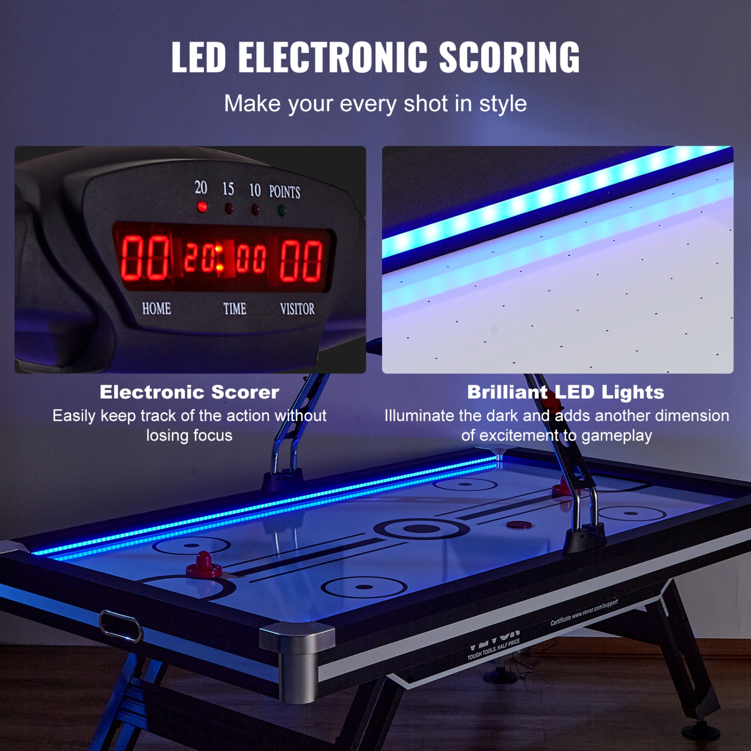 VEVOR 89" Air-Powered Hockey Table, Indoor Hockey Table for Kids and Adults, LED Sports Hockey Game with 2 Pucks, 2 Pushers, and Electronic Score