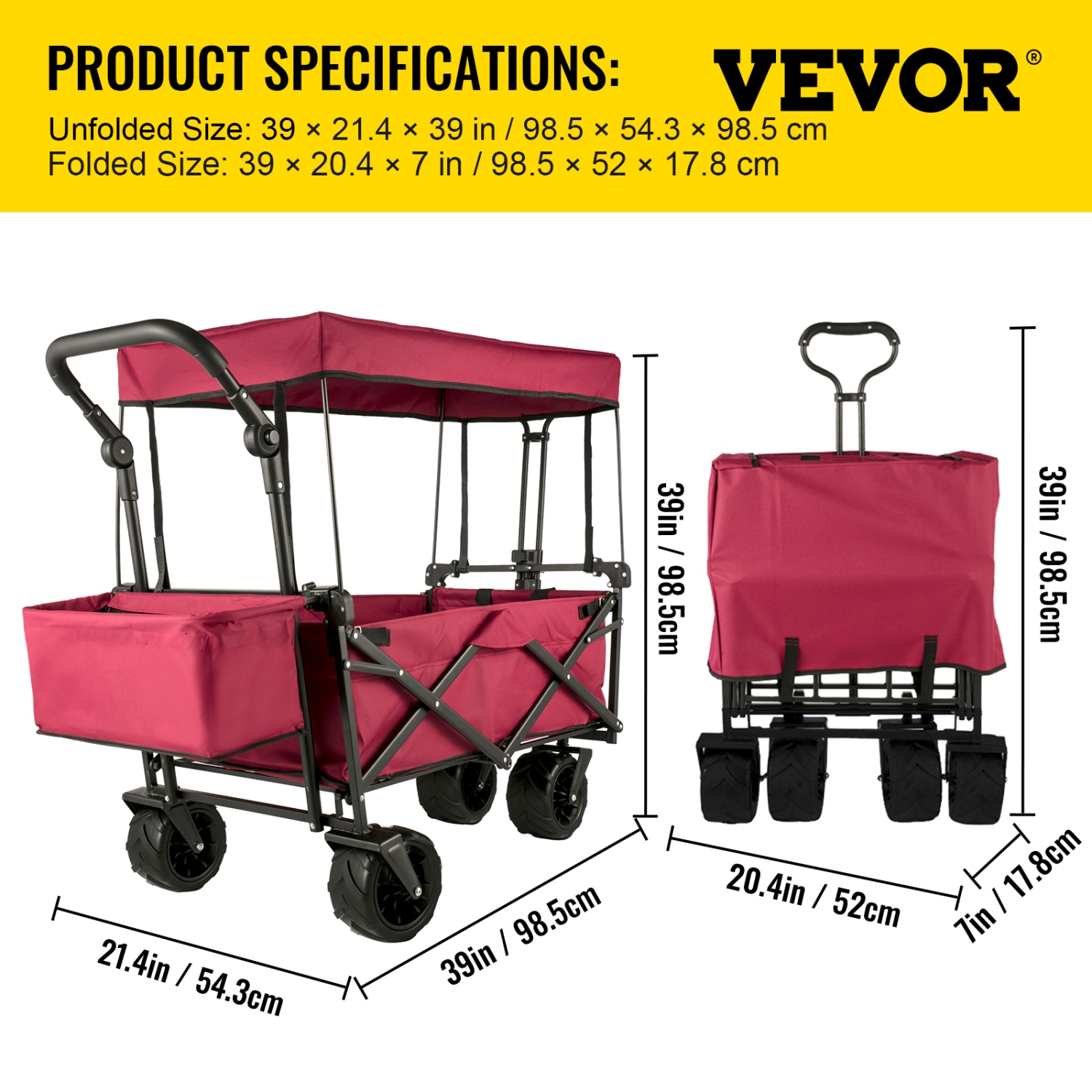 Très grand chariot de jardin pliable VEVOR avec auvent amovible, chariot utilitaire pliable à roulettes et rangement à l'arrière, chariot-chariot