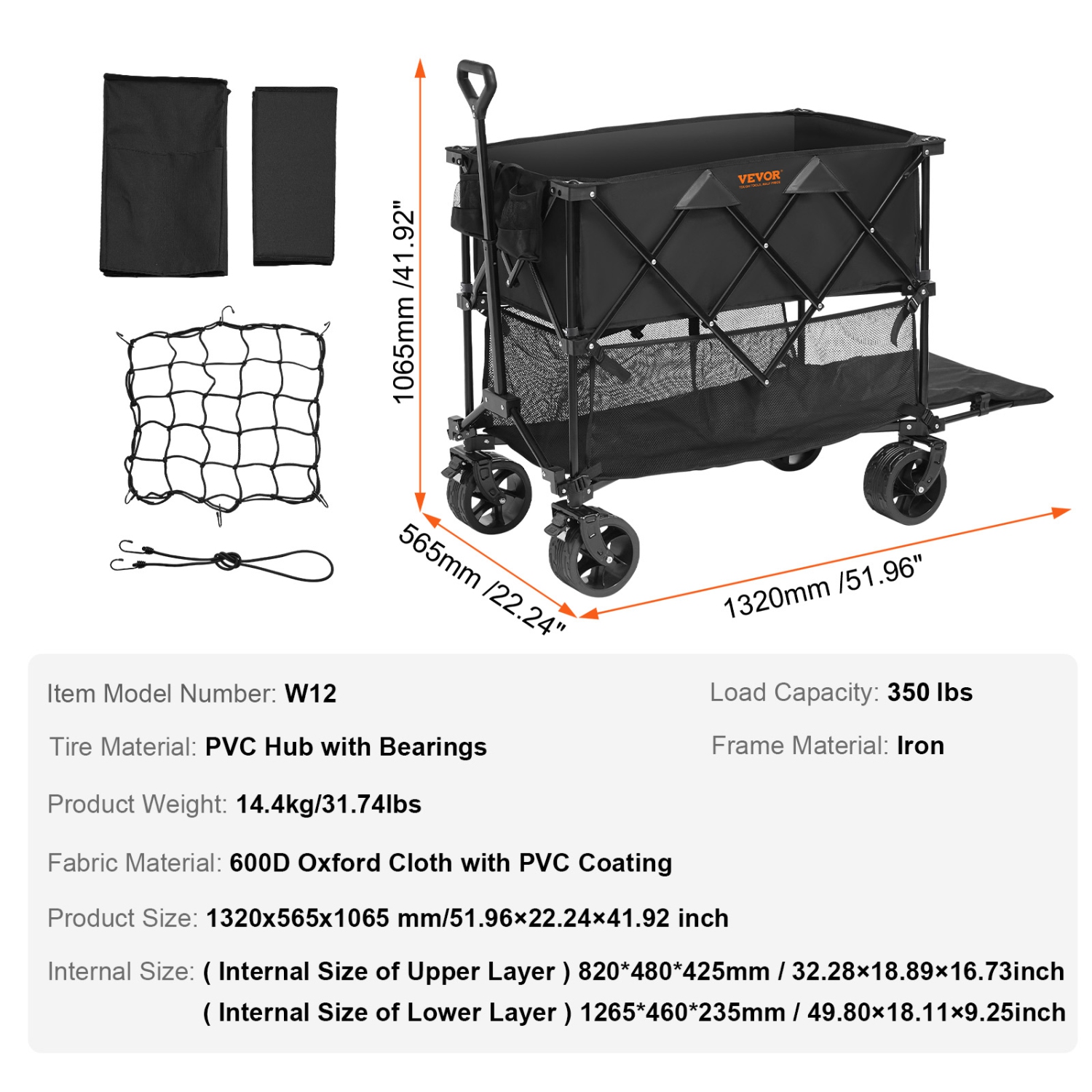 VEVOR Foldable Double Decker Wagon, 400L Collapsible Wagon Cart with All-Terrain Wheels, Heavy Duty Folding Wagon Cart 350 lbs Weight Capacity