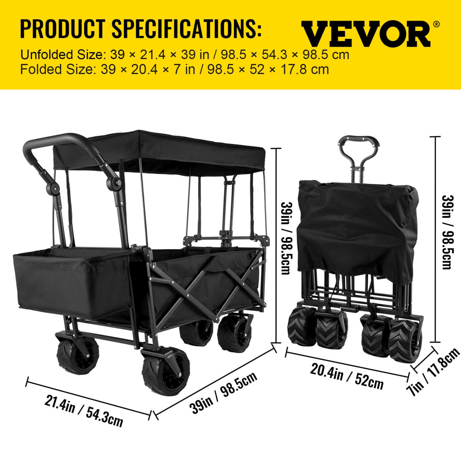 Très grand chariot de jardin pliable VEVOR avec auvent amovible, chariot utilitaire pliable à roulettes et rangement à l'arrière, chariot-chariot