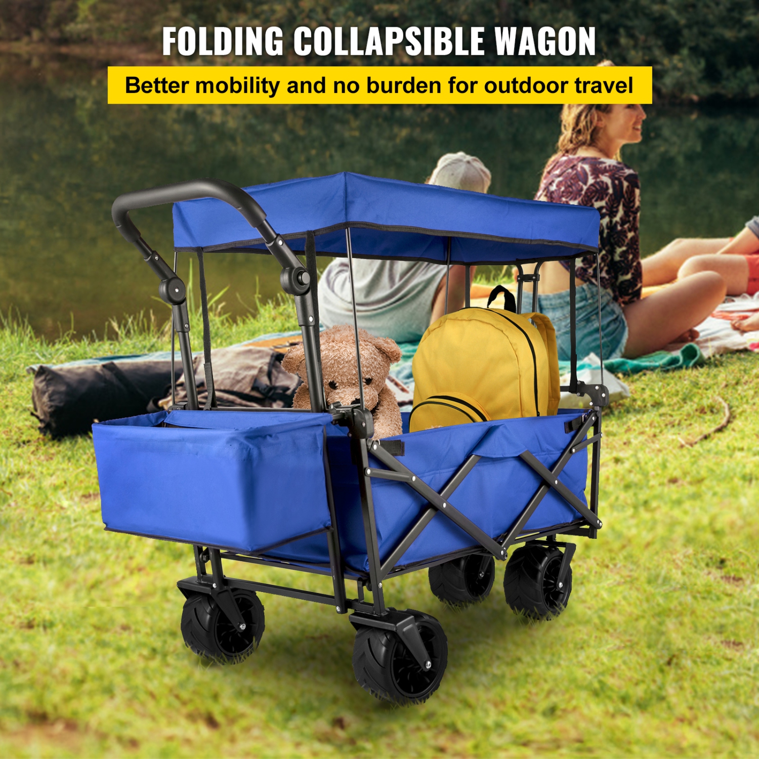 VEVOR Extra Large Collapsible Garden Cart with Removable Canopy, Folding Wagon Utility Carts with Wheels and Rear Storage, Wagon Cart