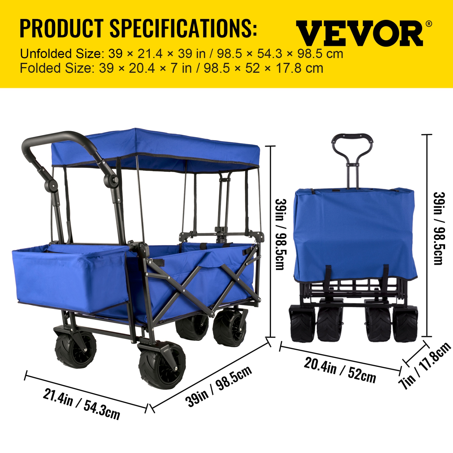 VEVOR Extra Large Collapsible Garden Cart with Removable Canopy, Folding Wagon Utility Carts with Wheels and Rear Storage, Wagon Cart