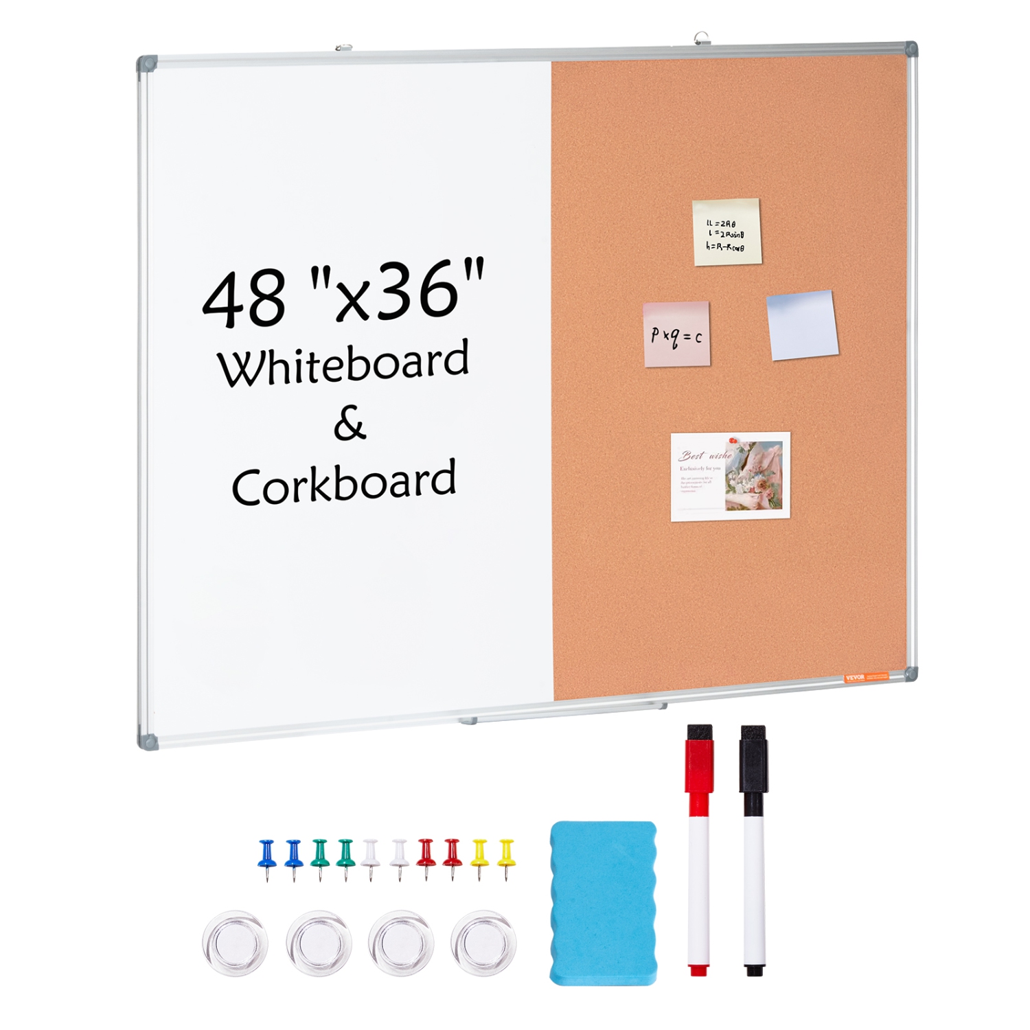 VEVOR 48"x 36" Whiteboard & Cork Board Combo with Aluminum Frame – 2-in-1 Magnetic Dry Erase Bulletin Board for Wall Moun