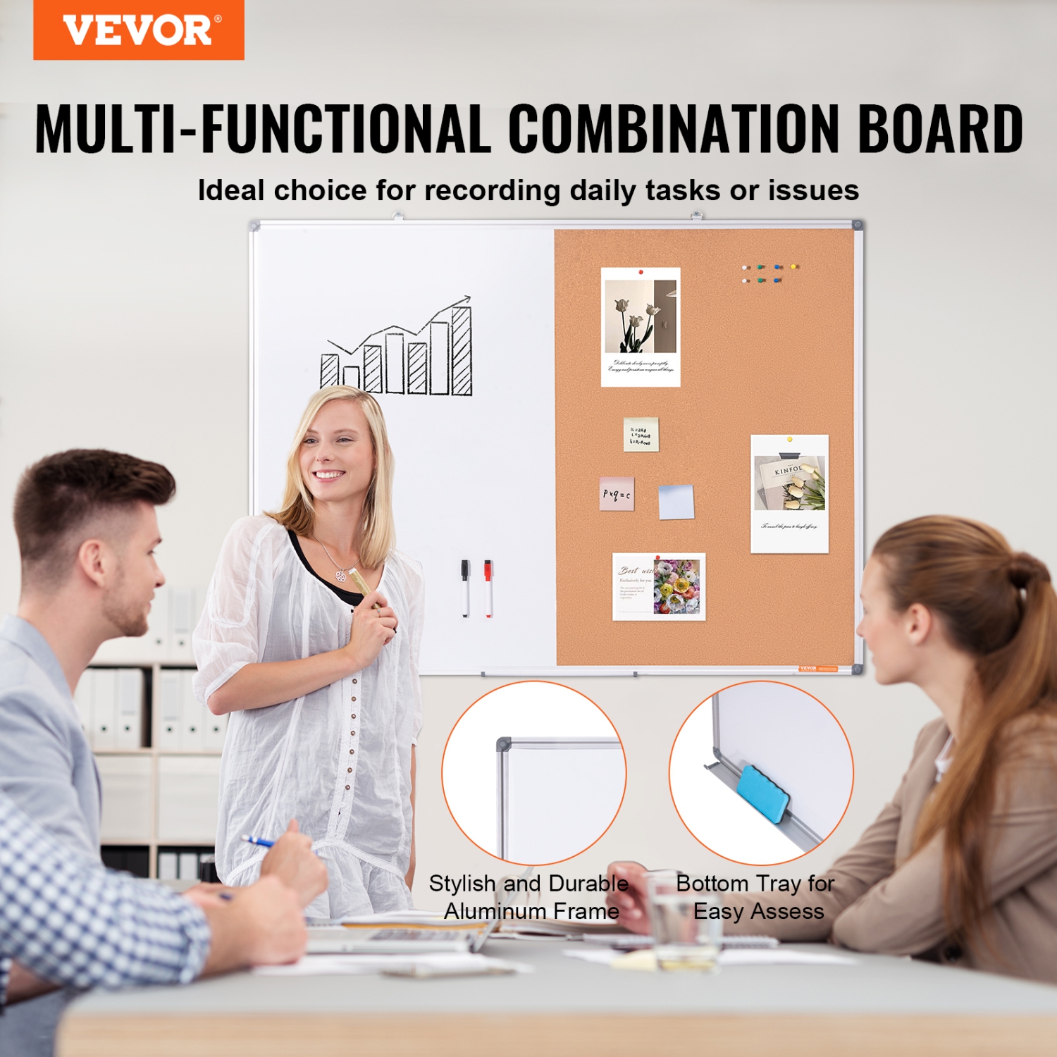 VEVOR 48"x 36" Whiteboard & Cork Board Combo with Aluminum Frame – 2-in-1 Magnetic Dry Erase Bulletin Board for Wall Moun