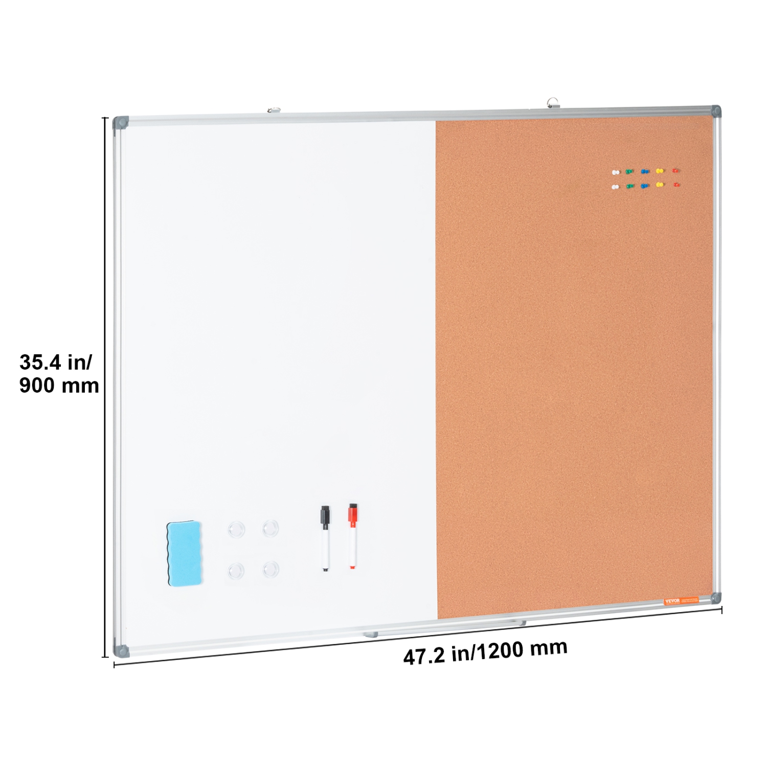 VEVOR 48"x 36" Whiteboard & Cork Board Combo with Aluminum Frame – 2-in-1 Magnetic Dry Erase Bulletin Board for Wall Moun