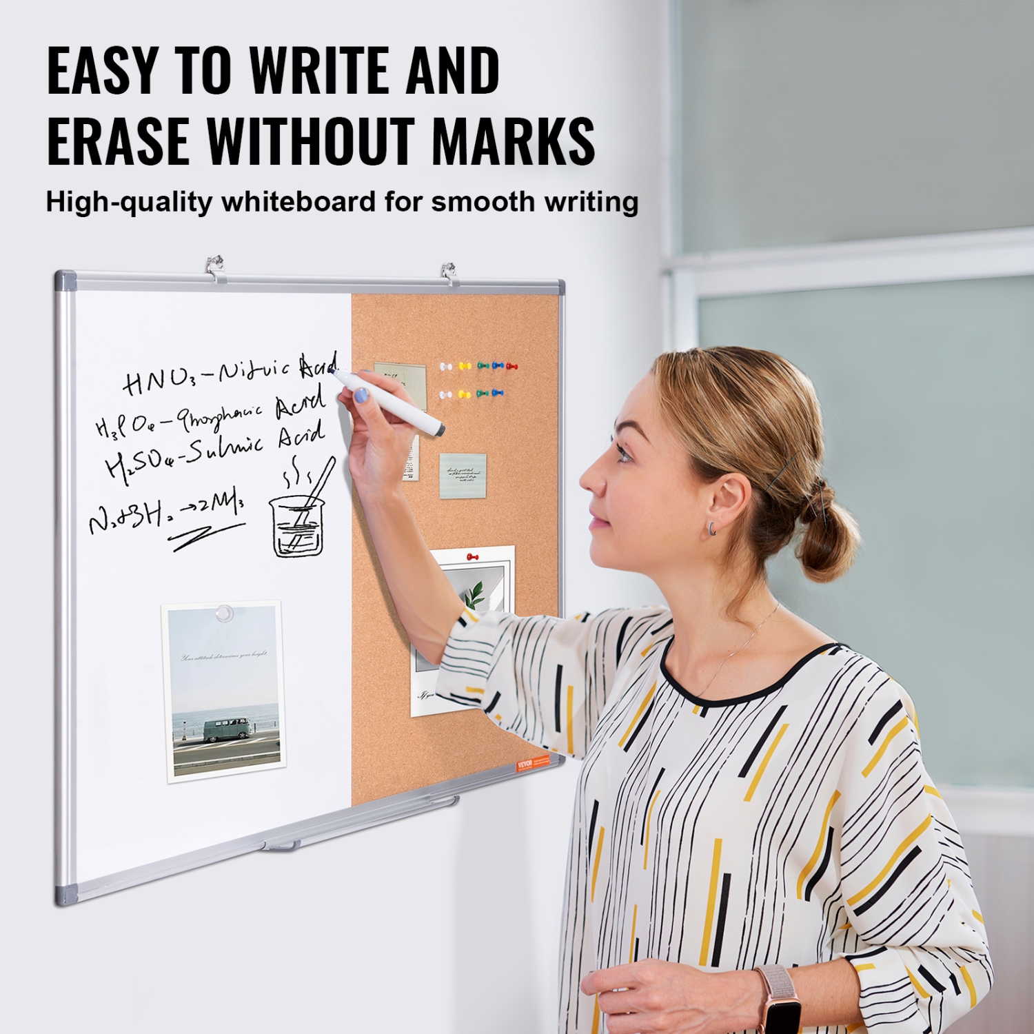 VEVOR 36"x 24" Whiteboard & Cork Board Combo with Aluminum Frame – 2-in-1 Magnetic Dry Erase Bulletin Board for Wall Mount