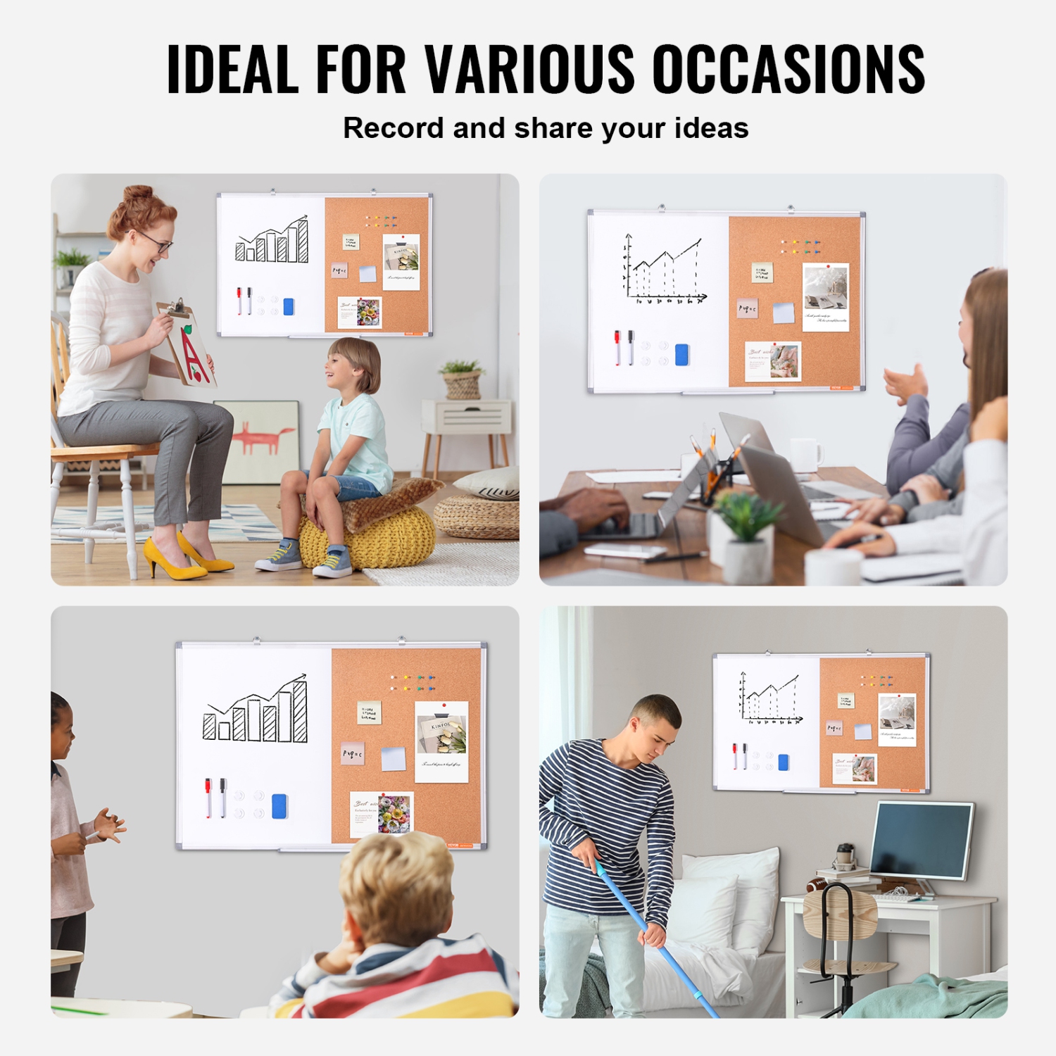 VEVOR 36"x 24" Whiteboard & Cork Board Combo with Aluminum Frame – 2-in-1 Magnetic Dry Erase Bulletin Board for Wall Mount