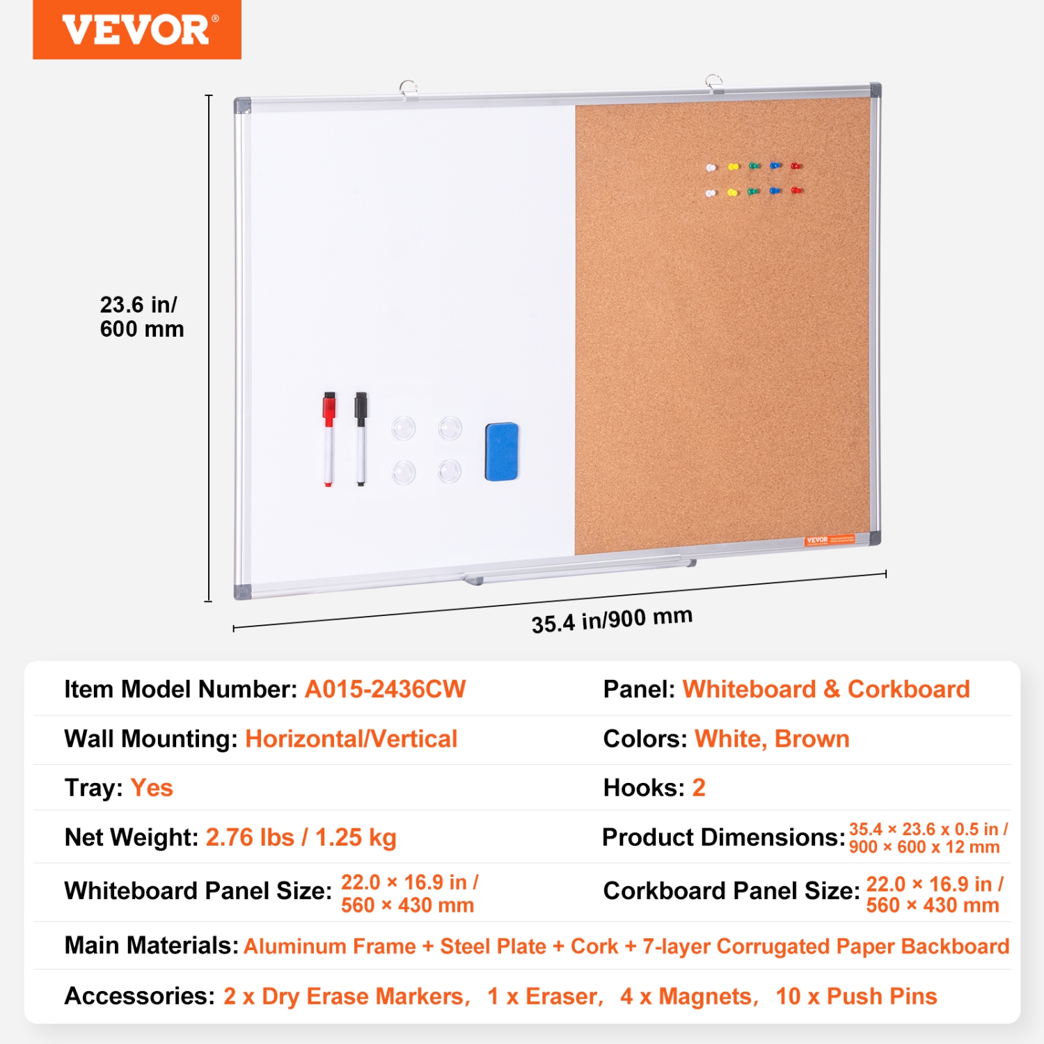 VEVOR 36"x 24" Whiteboard & Cork Board Combo with Aluminum Frame – 2-in-1 Magnetic Dry Erase Bulletin Board for Wall Mount