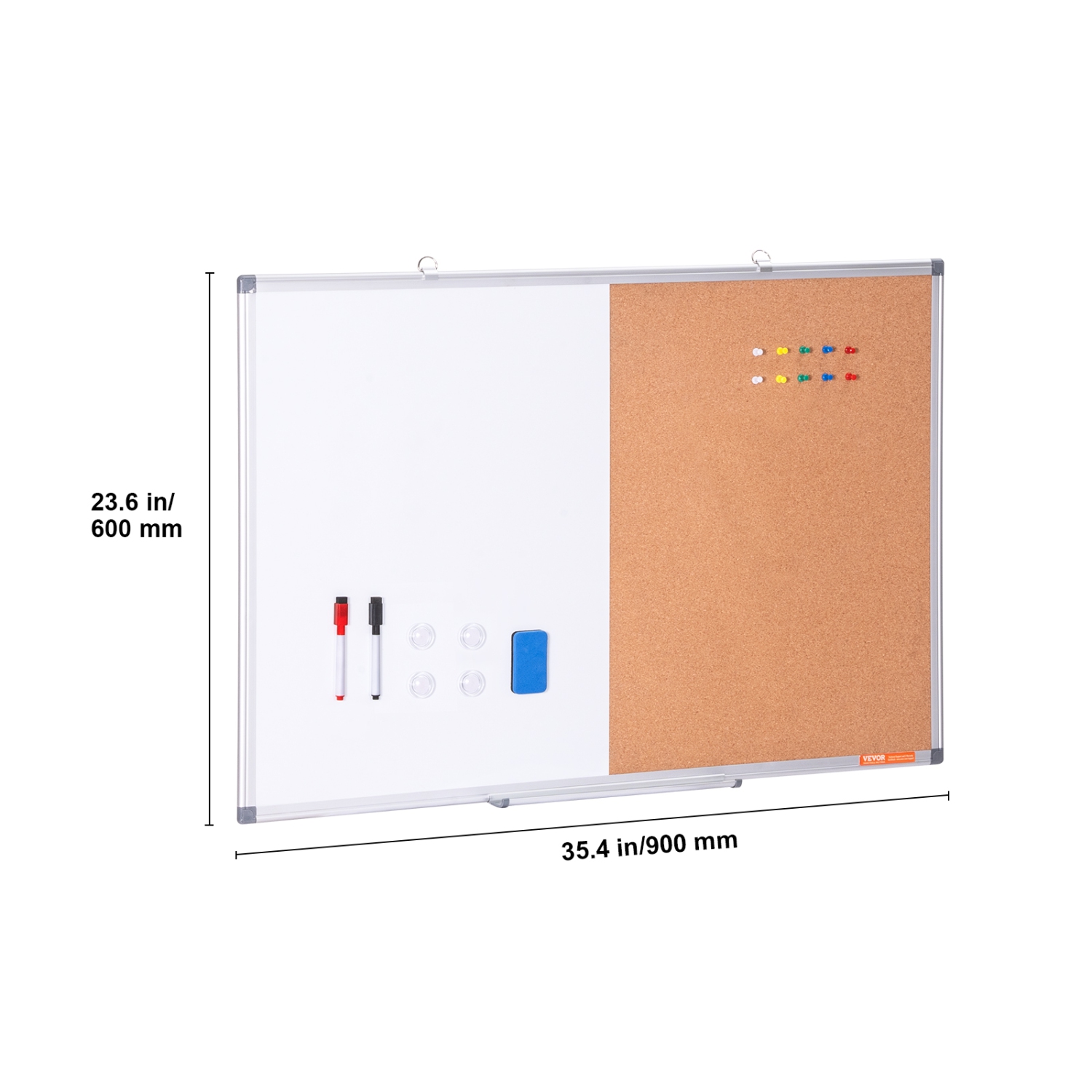 VEVOR 36"x 24" Whiteboard & Cork Board Combo with Aluminum Frame – 2-in-1 Magnetic Dry Erase Bulletin Board for Wall Mount