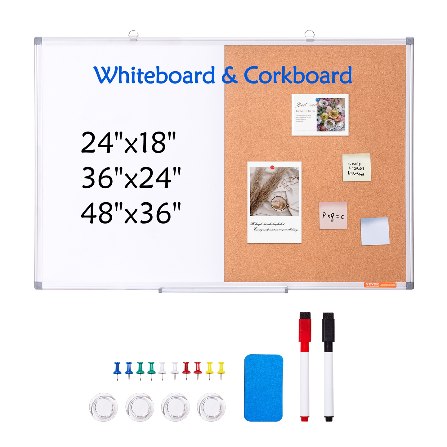 VEVOR 36"x 24" Whiteboard & Cork Board Combo with Aluminum Frame – 2-in-1 Magnetic Dry Erase Bulletin Board for Wall Mount