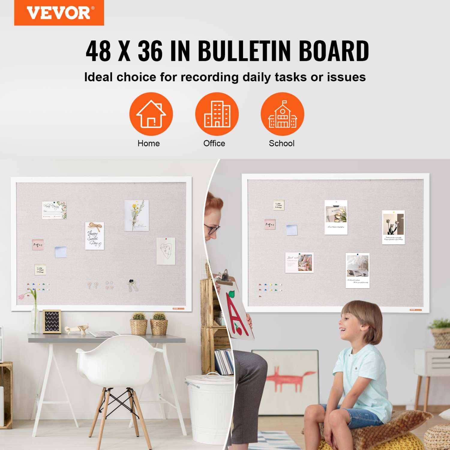 Tableau en liège blanc avec surface en lin de 48 x 36&nbsp;po de VEVOR – Tableau mural élégant pour la maison, l'école et le bureau