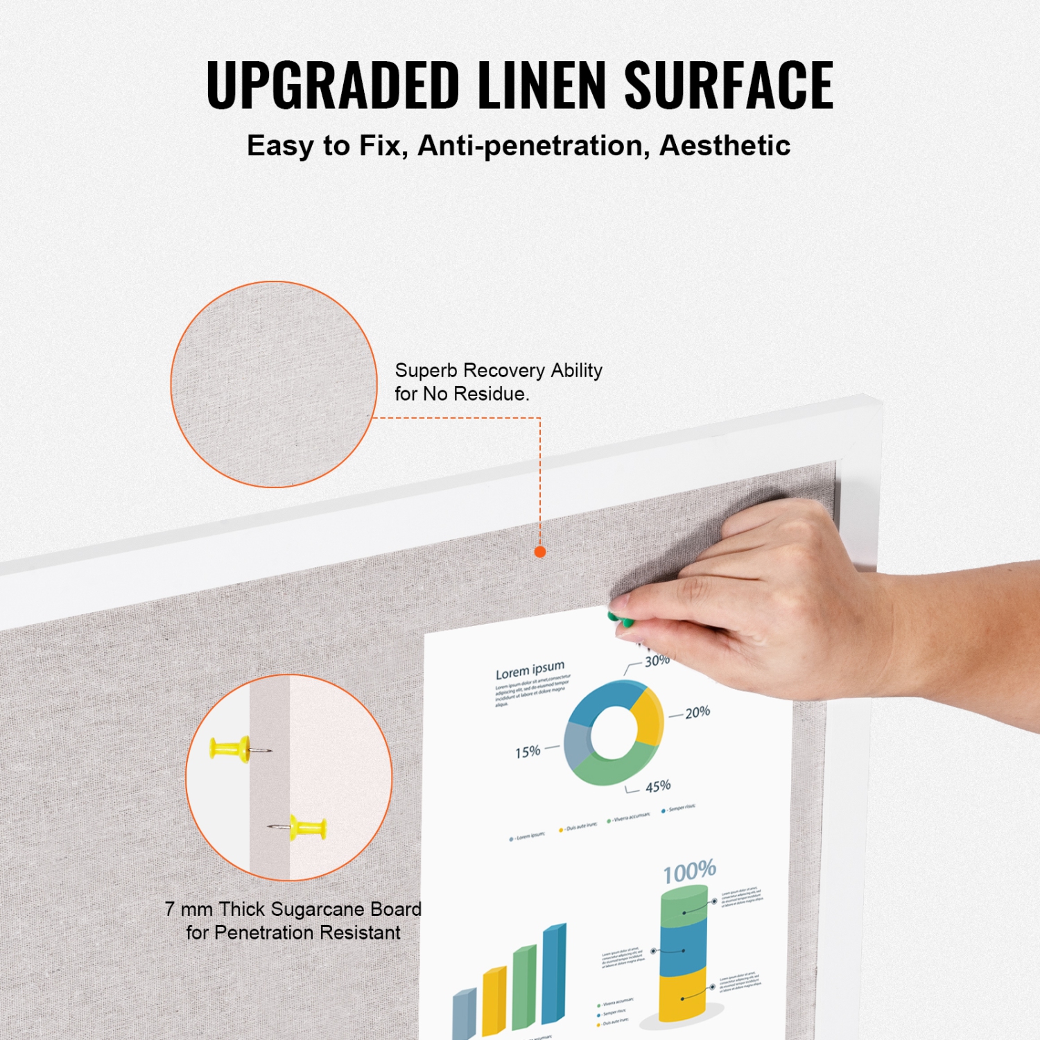 Tableau en liège blanc avec surface en lin de 48 x 36&nbsp;po de VEVOR – Tableau mural élégant pour la maison, l'école et le bureau