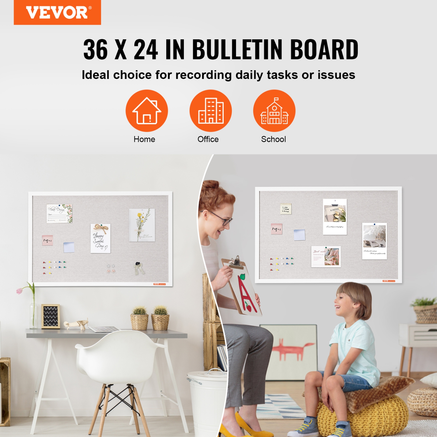 VEVOR 36"x24" White Cork Board with Linen Surface – Stylish Wall-Mounted Bulletin Board for Home, School, Office