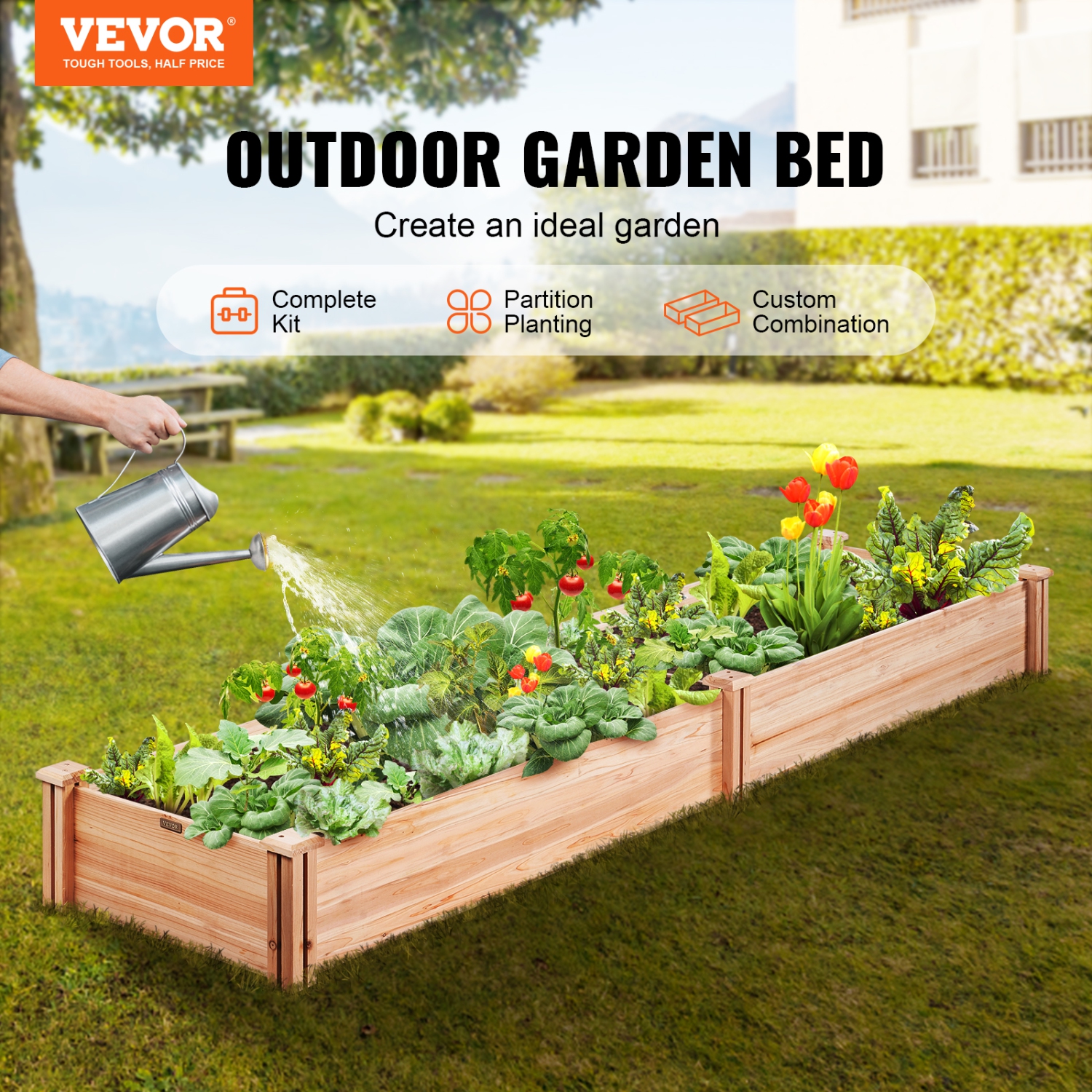 VEVOR Raised Garden Bed, 7.9 x 2 x 0.8 ft Wooden Planter Box, Outdoor Planting Boxes with Open Base, for Growing Flowers/Vegetables/Herbs