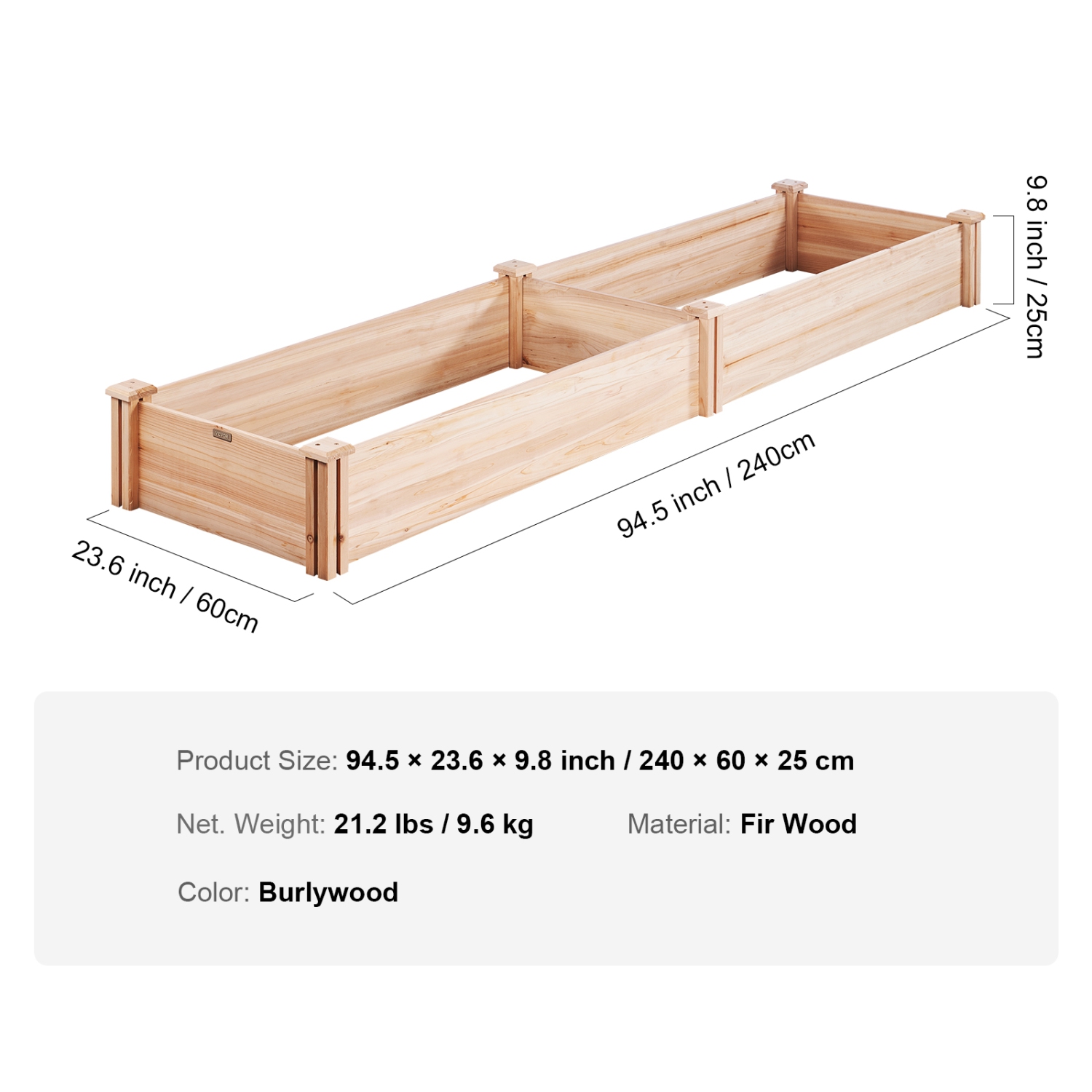 VEVOR Raised Garden Bed, 7.9 x 2 x 0.8 ft Wooden Planter Box, Outdoor Planting Boxes with Open Base, for Growing Flowers/Vegetables/Herbs
