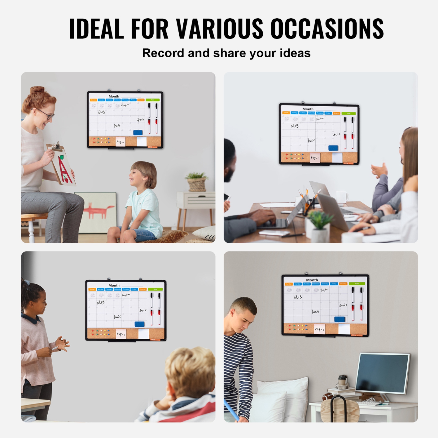 VEVOR 24"x 18" Monthly Calendar Whiteboard & Cork Board Combo with Aluminum Frame – 2-in-1 Magnetic Dry Erase Bulletin Board for Wall Mount