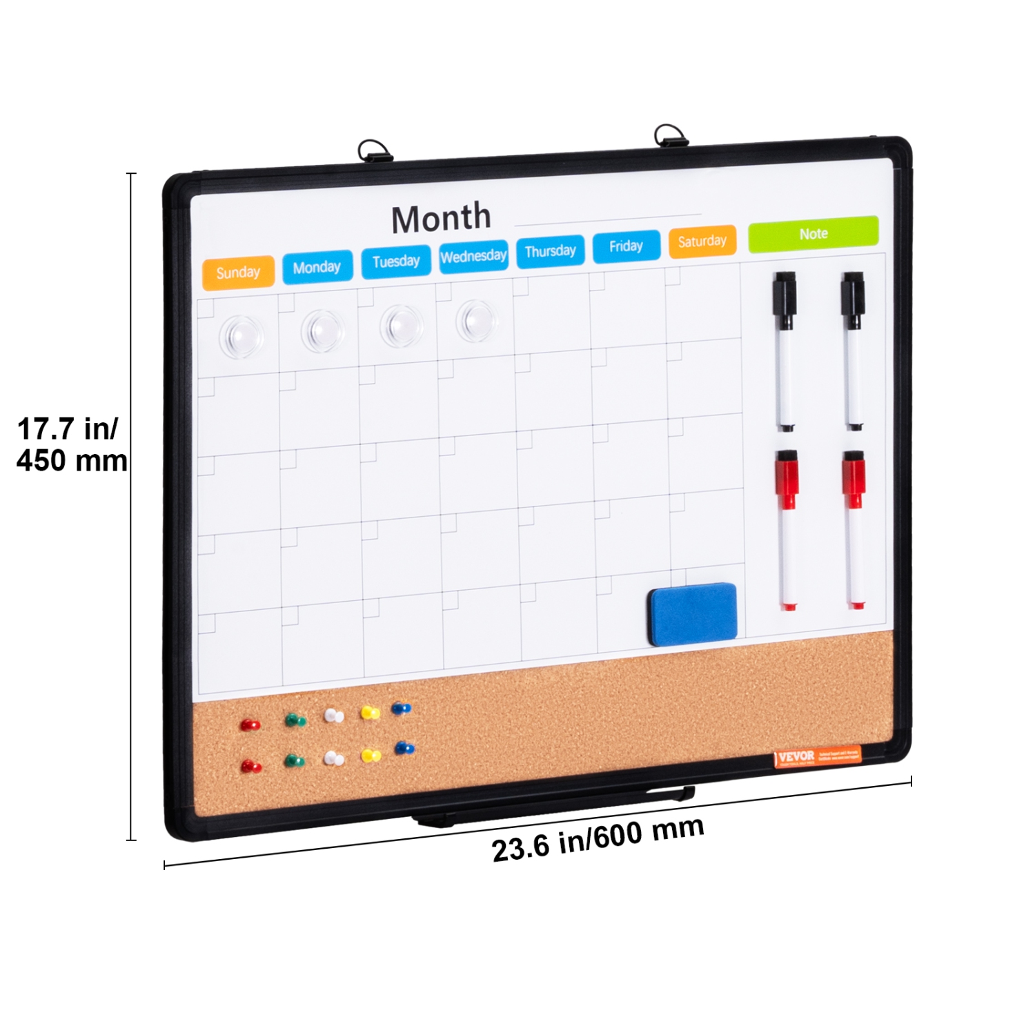 VEVOR 24"x 18" Monthly Calendar Whiteboard & Cork Board Combo with Aluminum Frame – 2-in-1 Magnetic Dry Erase Bulletin Board for Wall Mount