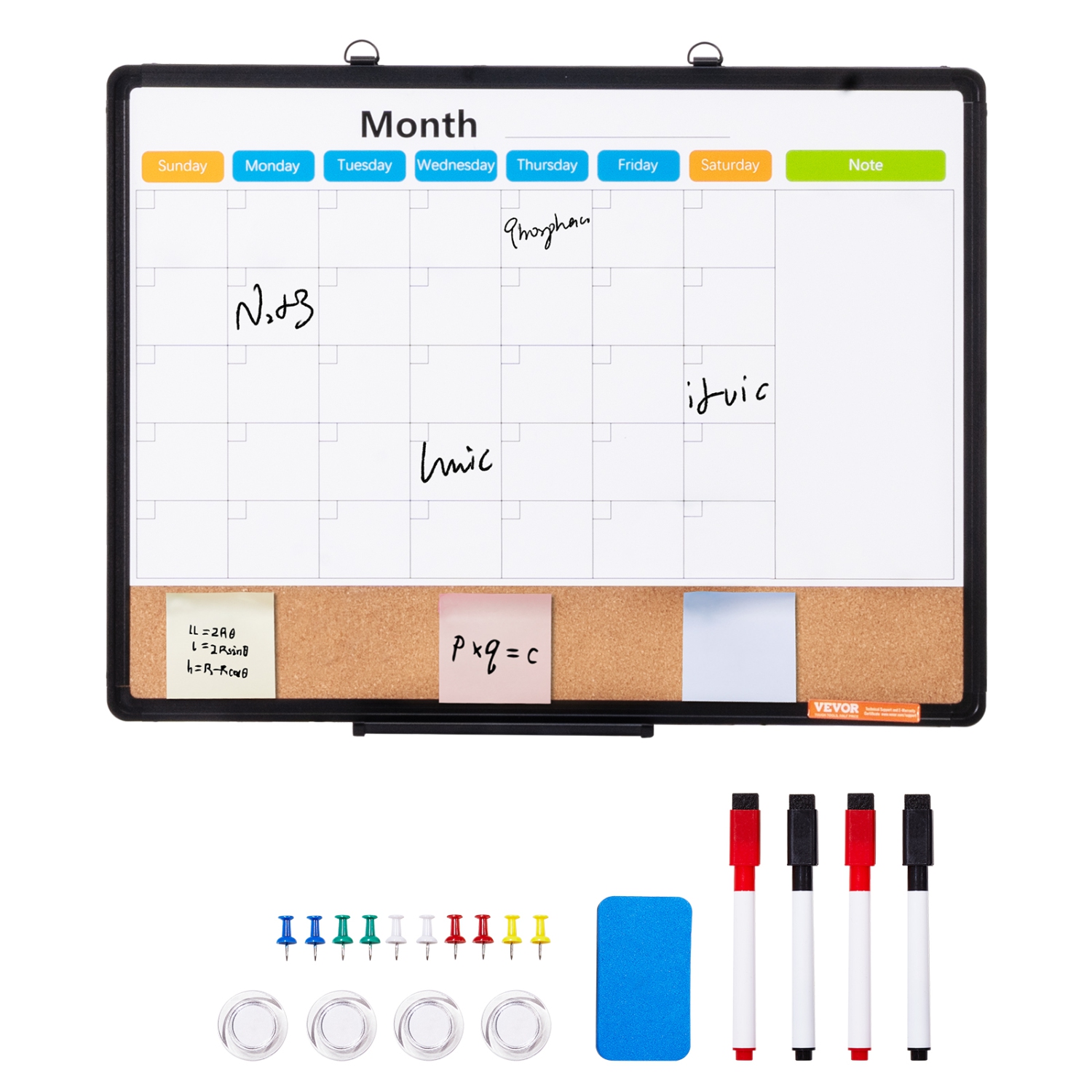 VEVOR 24"x 18" Monthly Calendar Whiteboard & Cork Board Combo with Aluminum Frame – 2-in-1 Magnetic Dry Erase Bulletin Board for Wall Mount