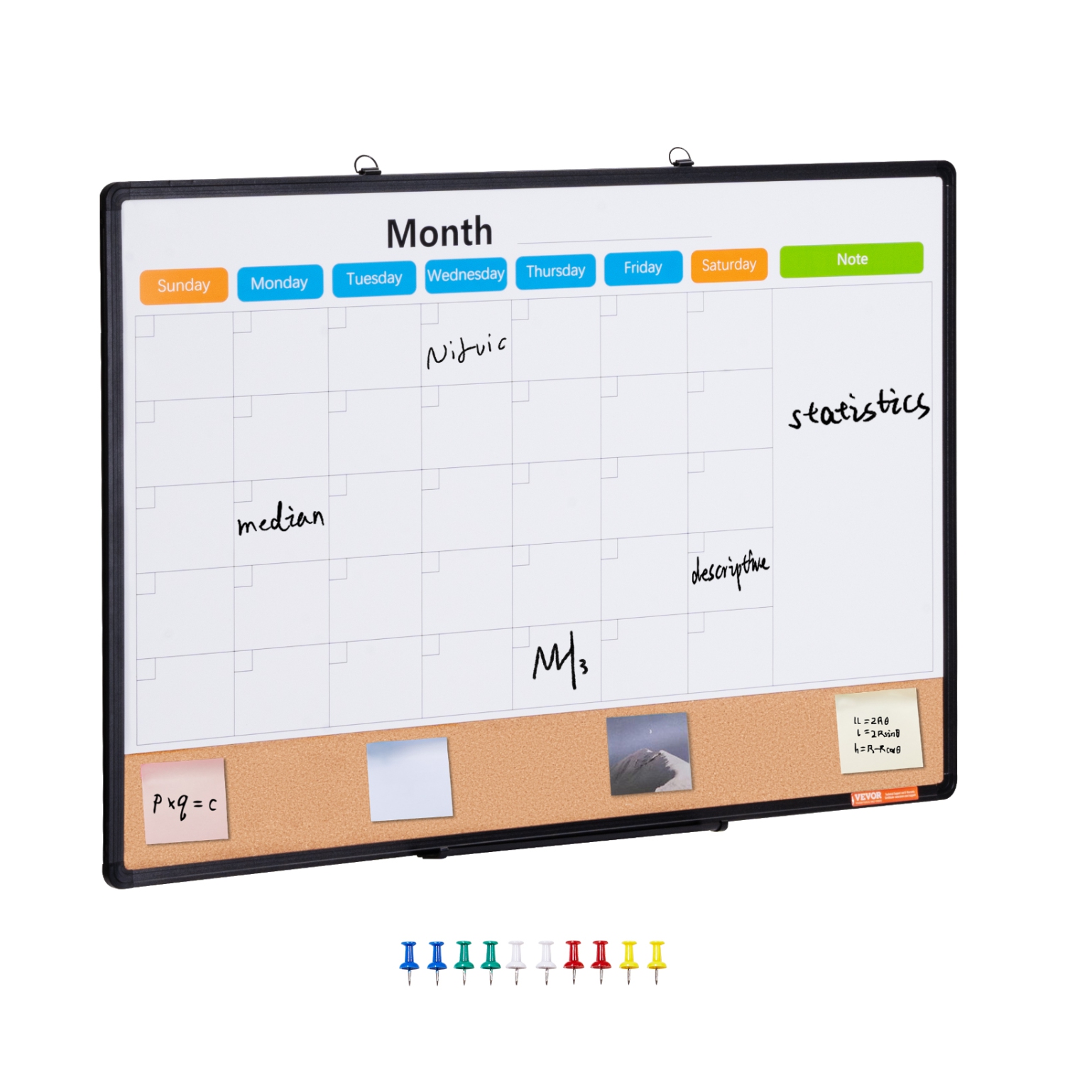 VEVOR 36"x 24" Monthly Calendar Whiteboard & Cork Board Combo with Aluminum Frame – 2-in-1 Magnetic Dry Erase Bulletin Board for Wall Mount