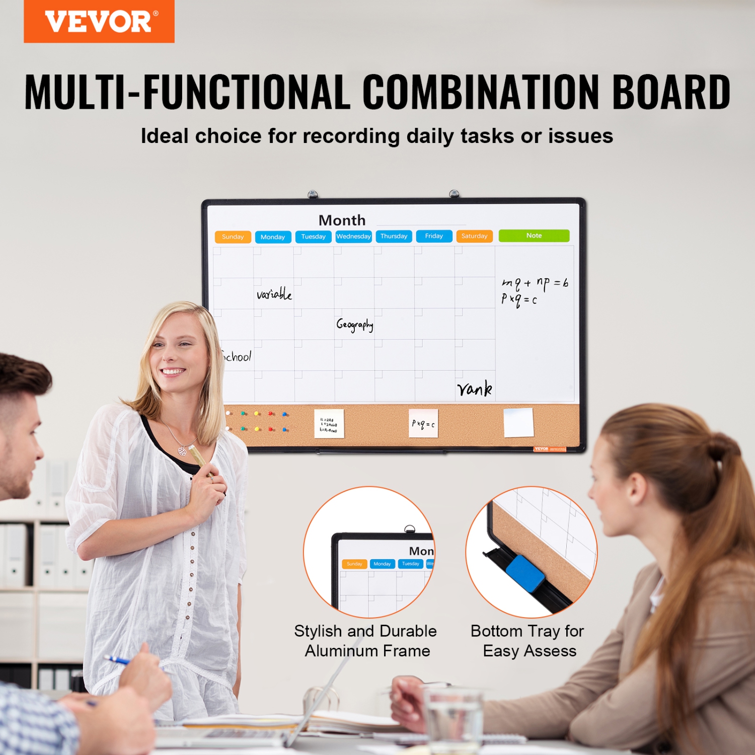 VEVOR 36"x 24" Monthly Calendar Whiteboard & Cork Board Combo with Aluminum Frame – 2-in-1 Magnetic Dry Erase Bulletin Board for Wall Mount