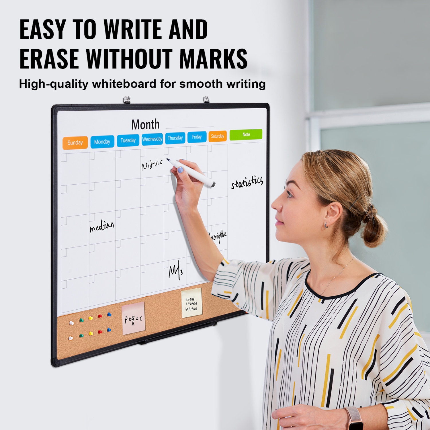 VEVOR 36"x 24" Monthly Calendar Whiteboard & Cork Board Combo with Aluminum Frame – 2-in-1 Magnetic Dry Erase Bulletin Board for Wall Mount