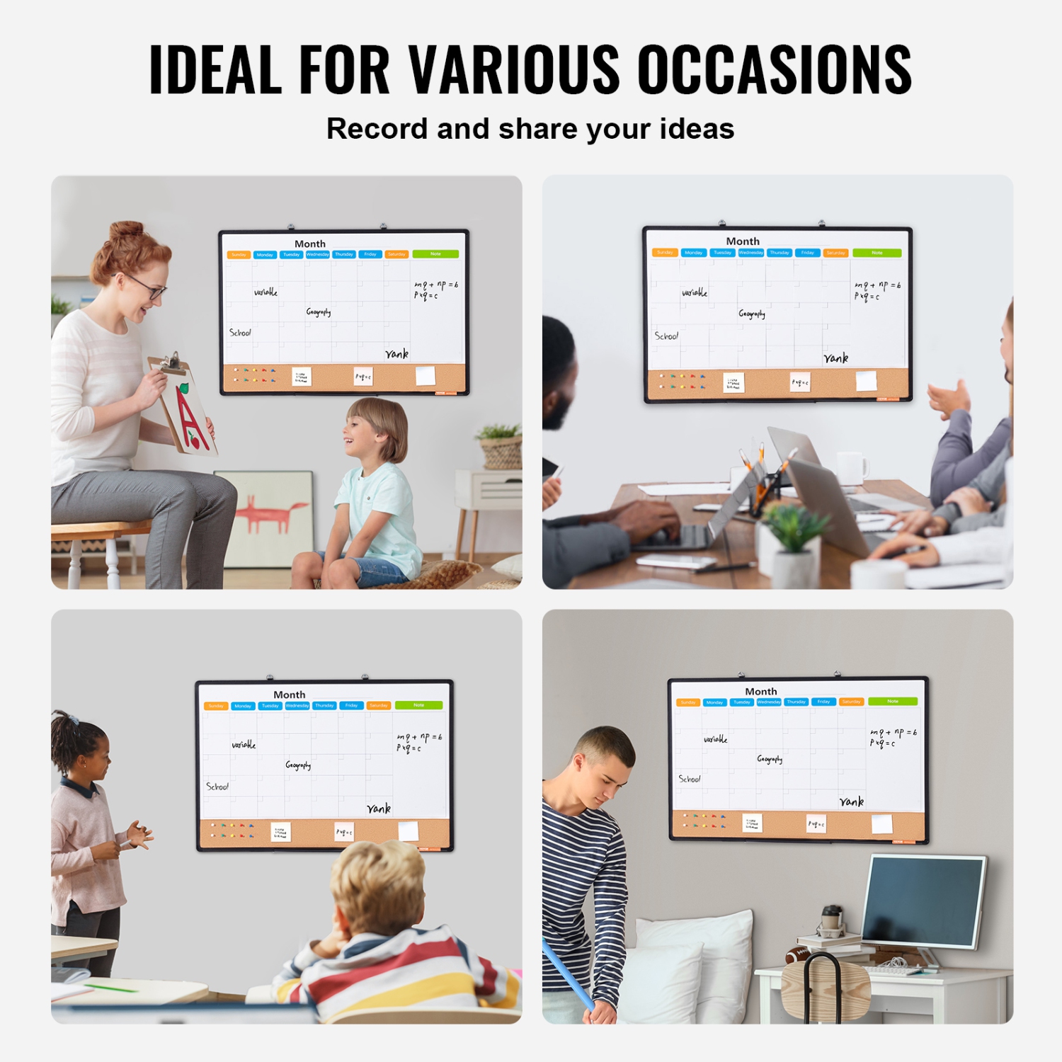 VEVOR 36"x 24" Monthly Calendar Whiteboard & Cork Board Combo with Aluminum Frame – 2-in-1 Magnetic Dry Erase Bulletin Board for Wall Mount