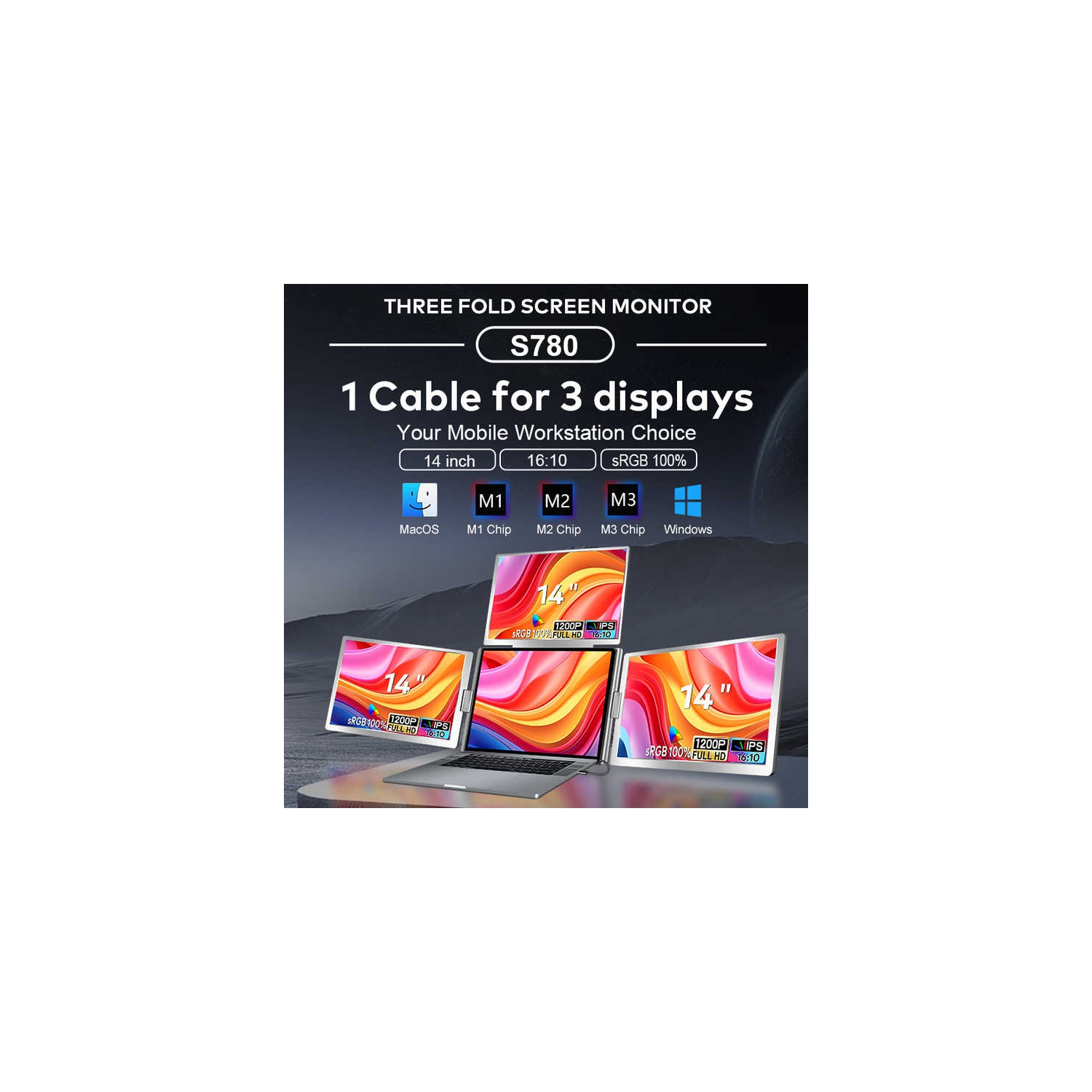 Quad Monitor 3-Screen Laptop Display Extender – Top Display Flip 180°, Left 315°, Right 315°