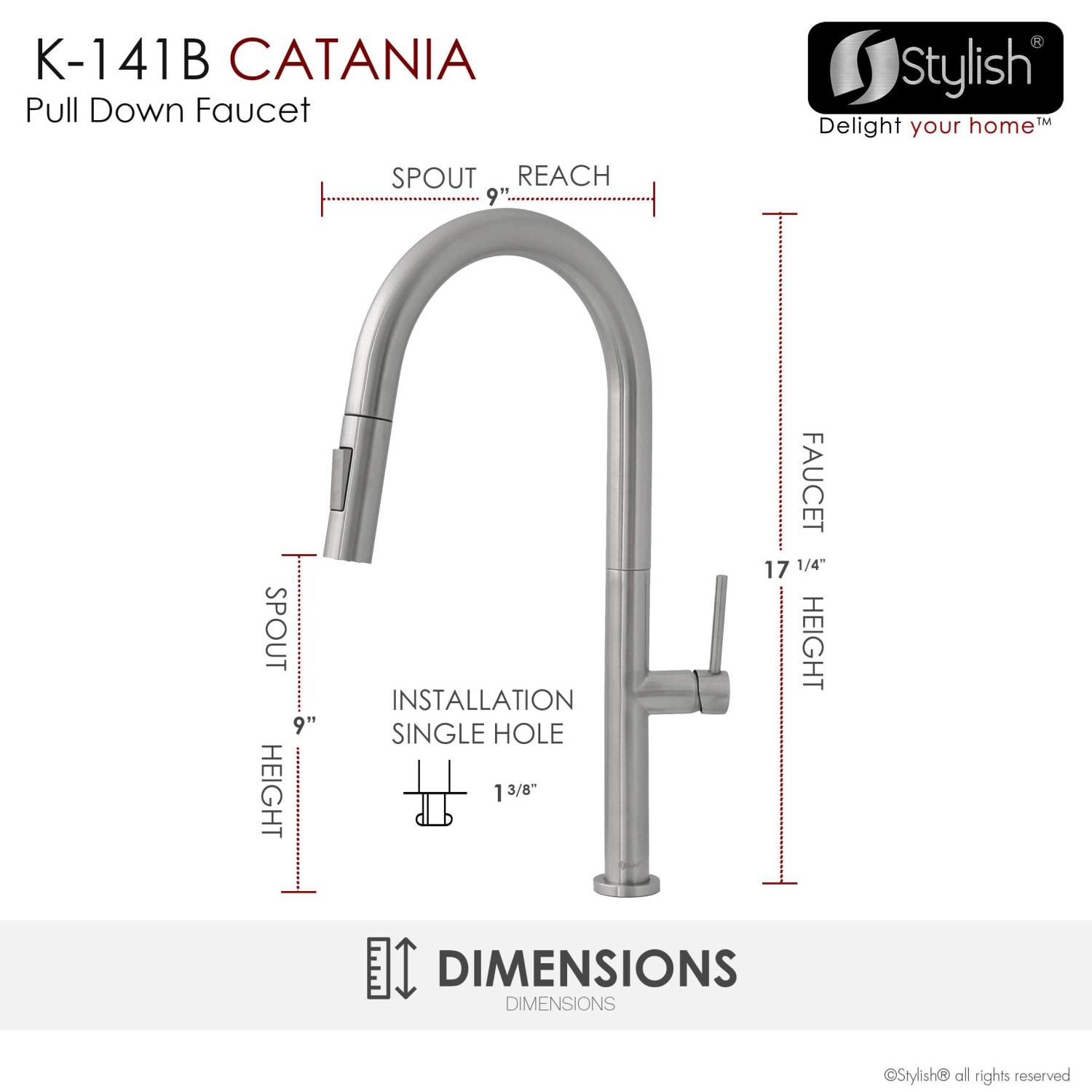 Stylish Catania Single-Handle Brushed Stainless Steel Pull Down Kitchen Faucet K-141B