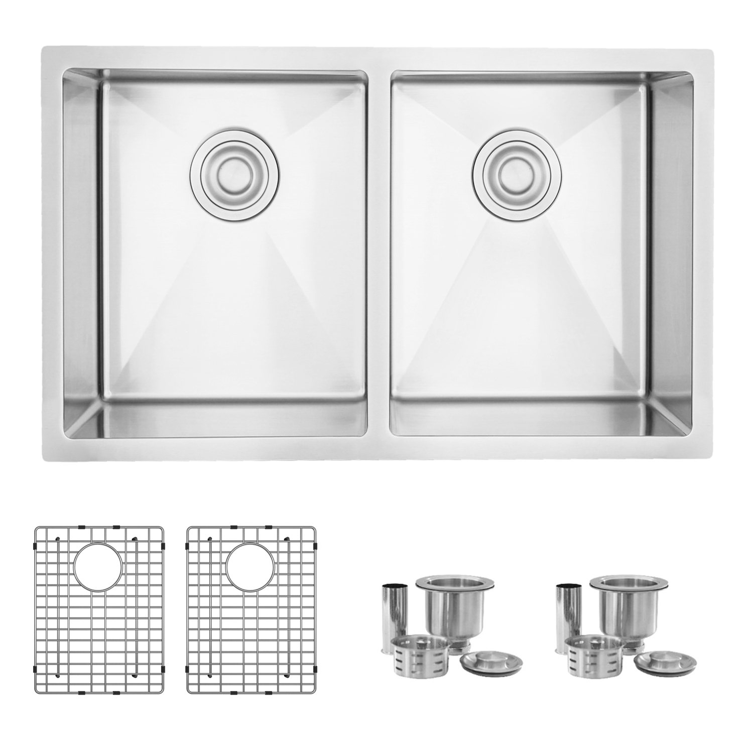 Stylish Undermount 30 inch Stainless Steel Double Bowl Kitchen Sink with Grid S-304XG