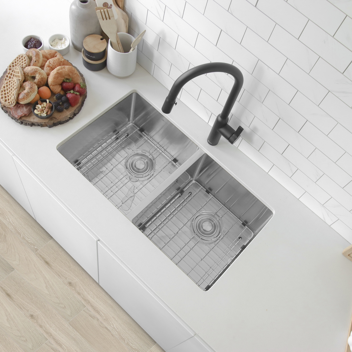 Stylish Undermount 30 inch Stainless Steel Double Bowl Kitchen Sink with Grid S-304XG