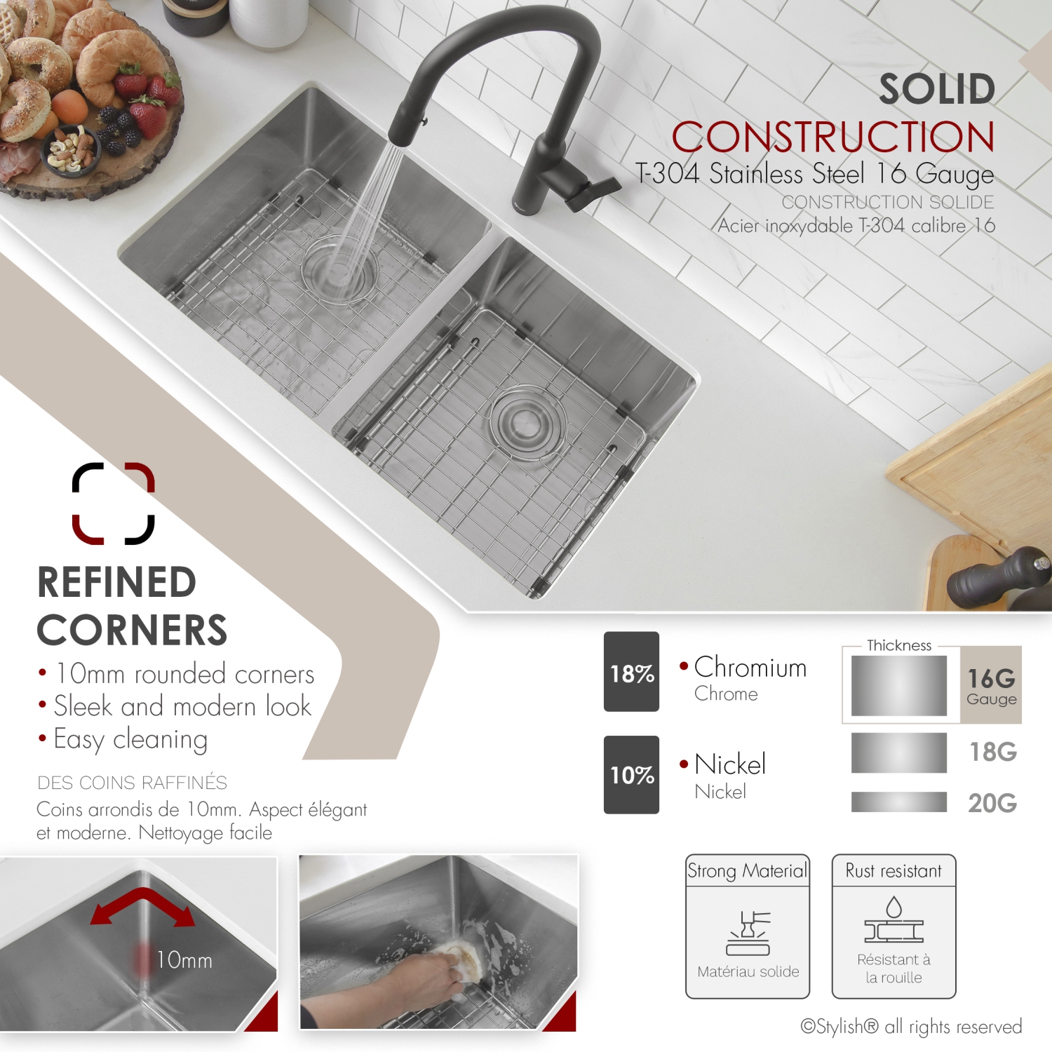 Stylish Undermount 30 inch Stainless Steel Double Bowl Kitchen Sink with Grid S-304XG