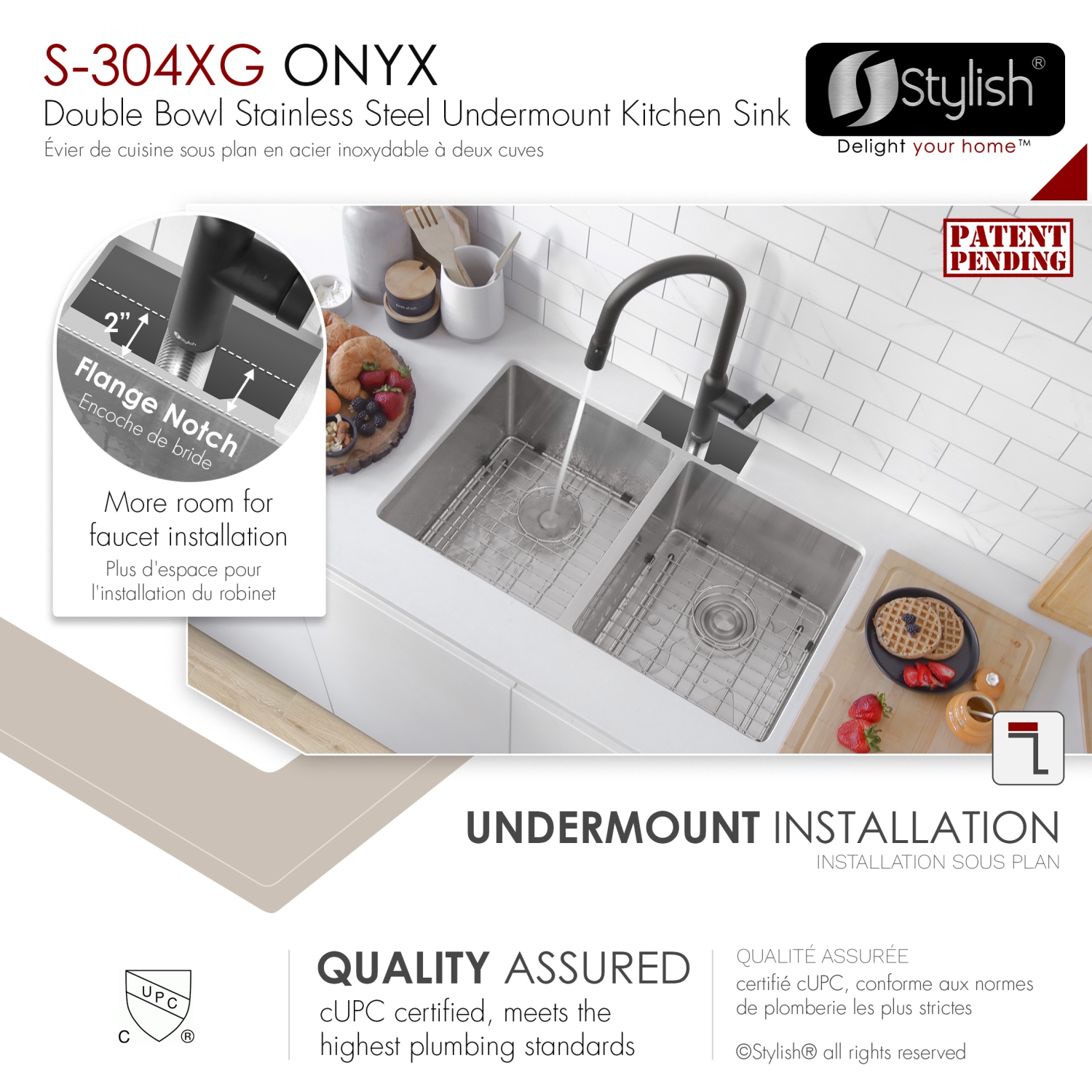 Stylish Undermount 30 inch Stainless Steel Double Bowl Kitchen Sink with Grid S-304XG