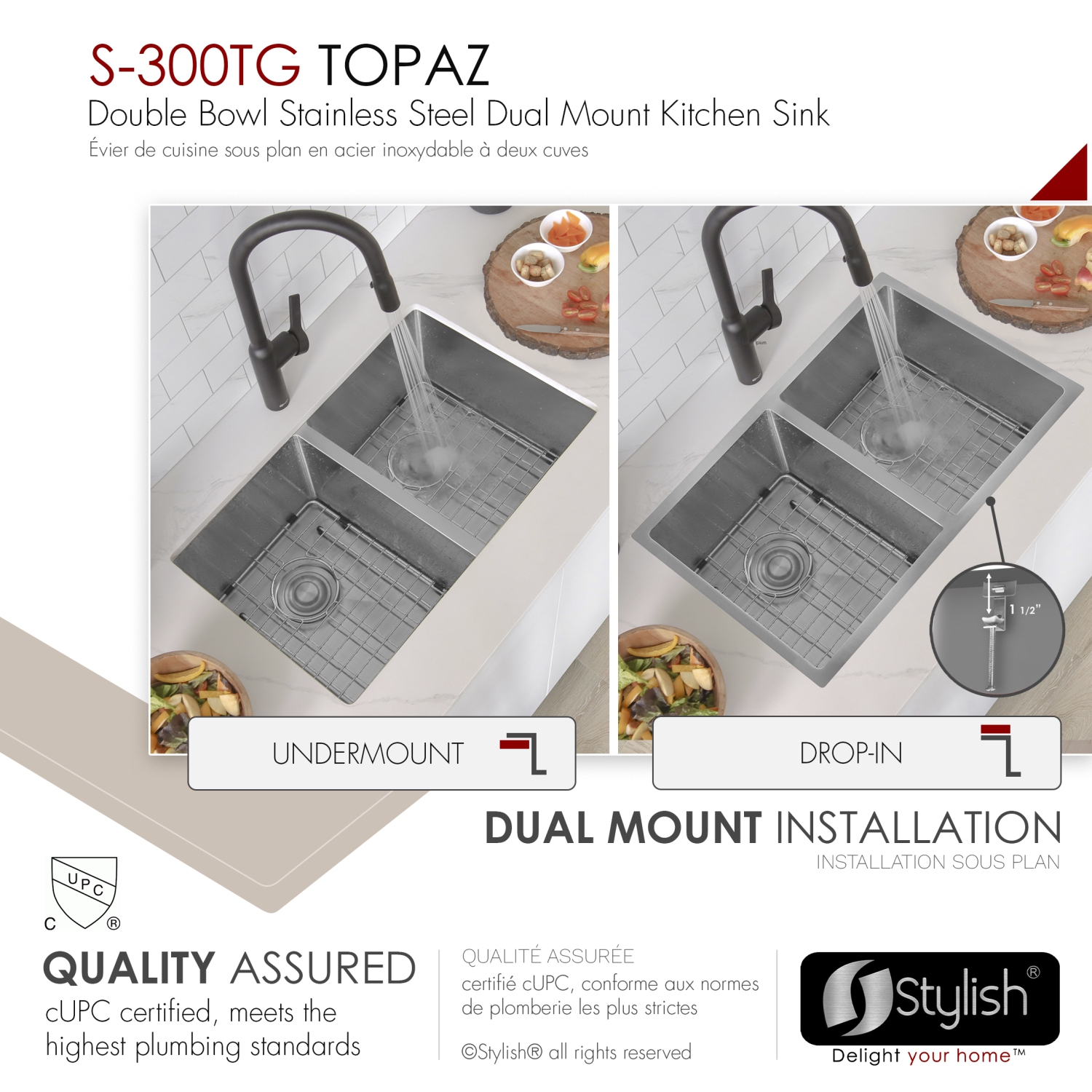 Stylish Dual-Mount 28 inch Stainless Steel Double Bowl Kitchen Sink S-300TG