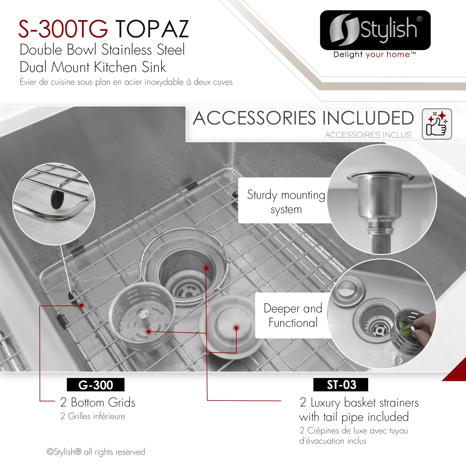 Stylish Dual-Mount 28 inch Stainless Steel Double Bowl Kitchen Sink S-300TG