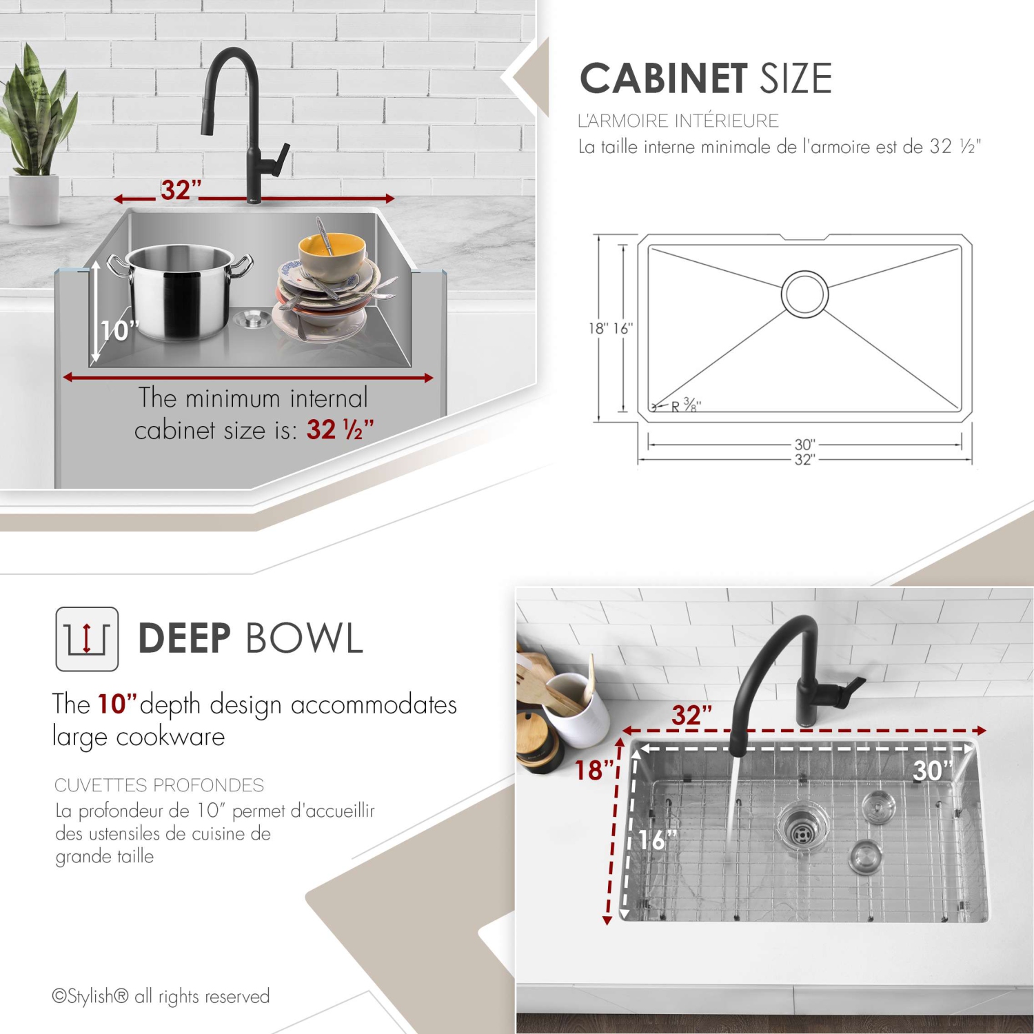 Élégant évier de cuisine à bol simple en acier inoxydable 32&nbsp;po S-323XG