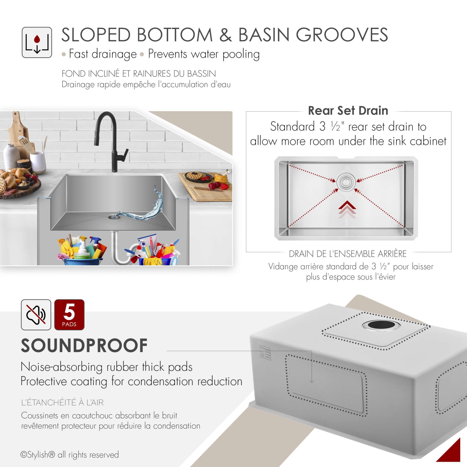 Élégant évier de cuisine à bol simple en acier inoxydable 32&nbsp;po S-323XG