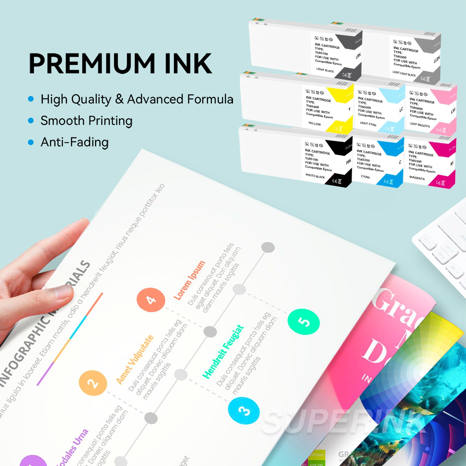 Compatible Epson T565 220ML Set of 8 Ink Cartridge By Superink