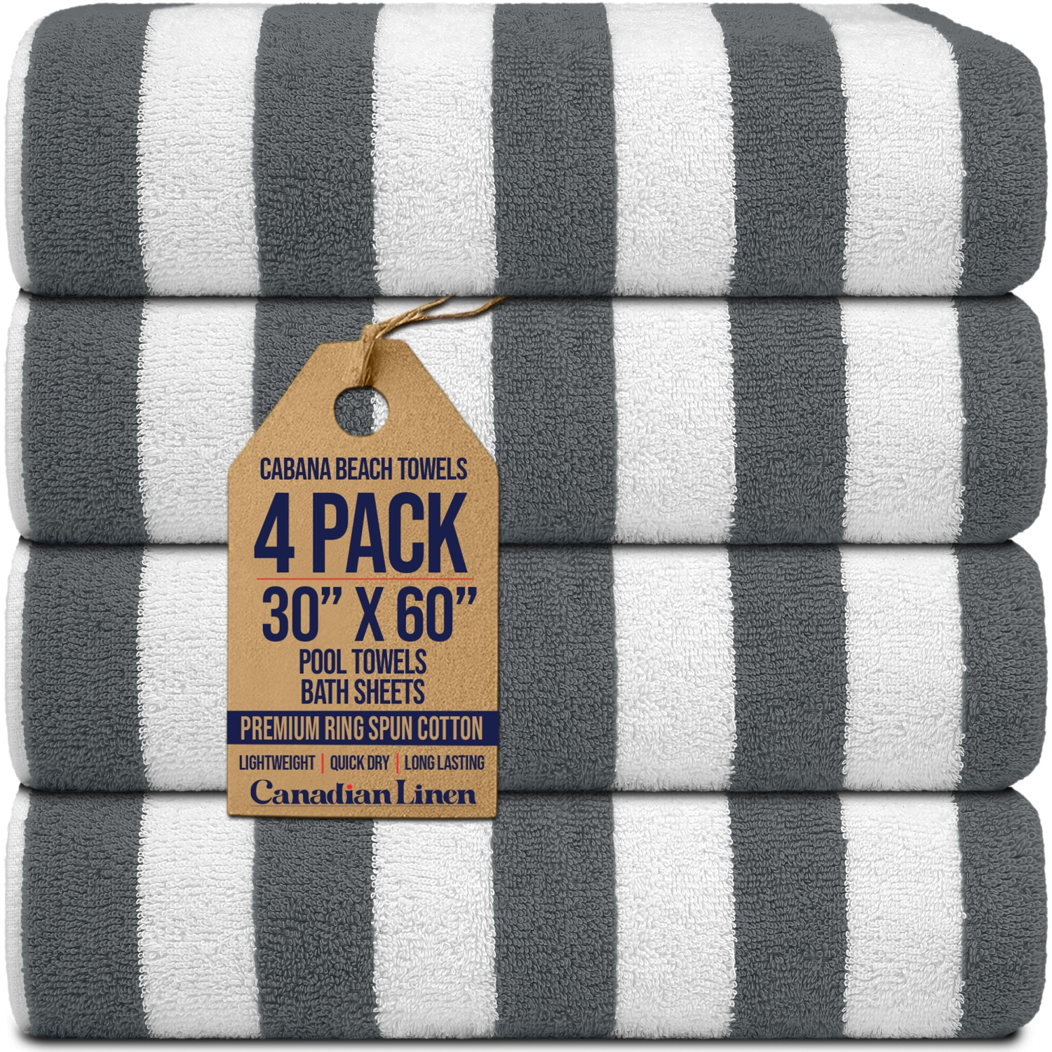 Canadian Linen – Ensemble de serviettes de plage à rayures Cabana Stripe, paq. 4, 30 x 60&nbsp;po, coton doux et absorbant, séchage rapide, grande