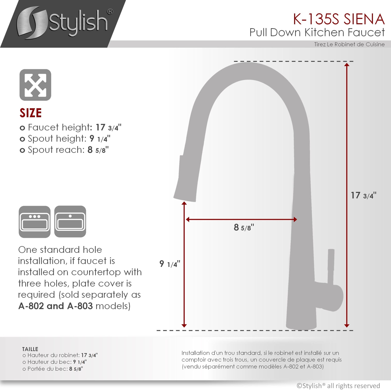 Stylish Single Handle Brushed Stainless Steel Pull Down Kitchen Faucet K-135S