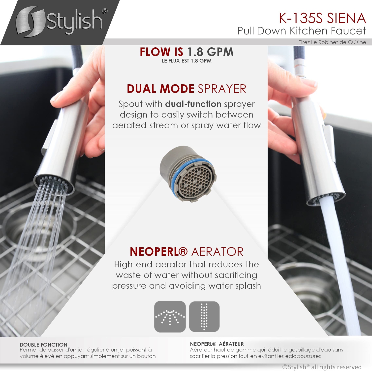 Stylish Single Handle Brushed Stainless Steel Pull Down Kitchen Faucet K-135S